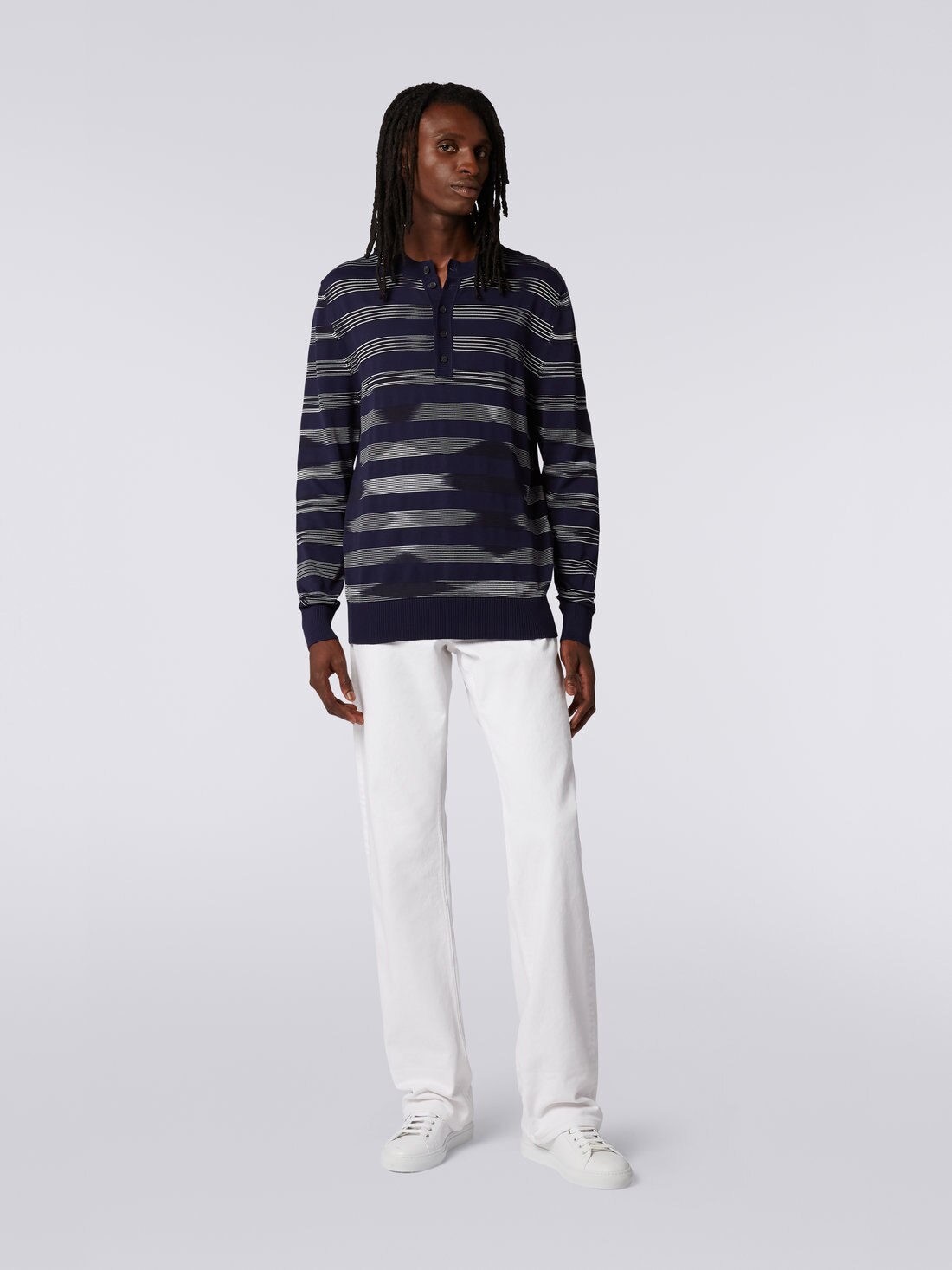 Pull boutonné en coton flammé mélangé, Blanc, Noir & Bleu Marine - 8051575747915 - 1