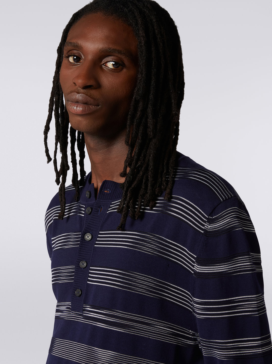 Pull boutonné en coton flammé mélangé, Blanc, Noir & Bleu Marine - 8051575747915 - 4
