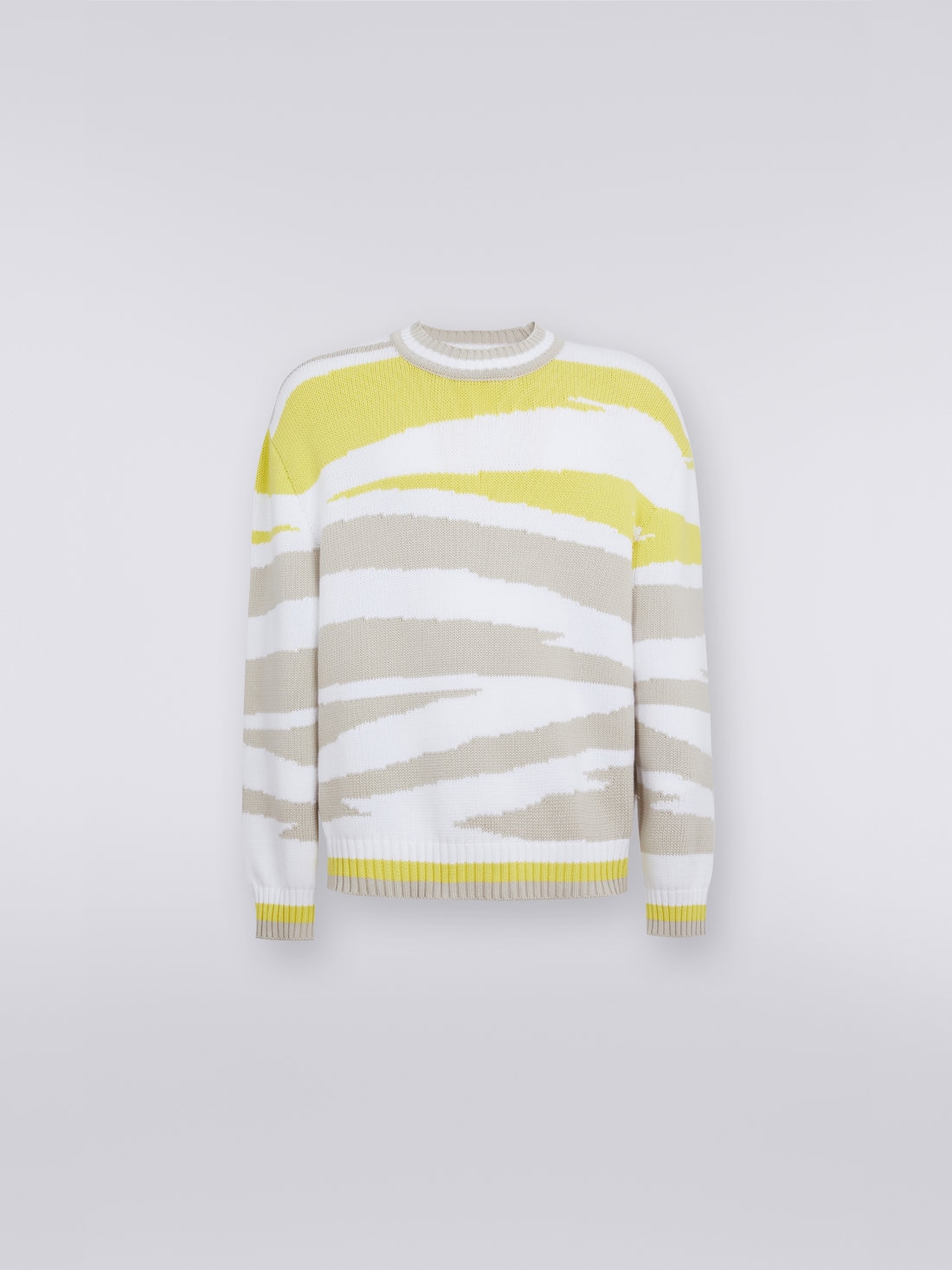 Crew-neck cotton blend jumper with inlay details, White, Beige & Yellow - 0