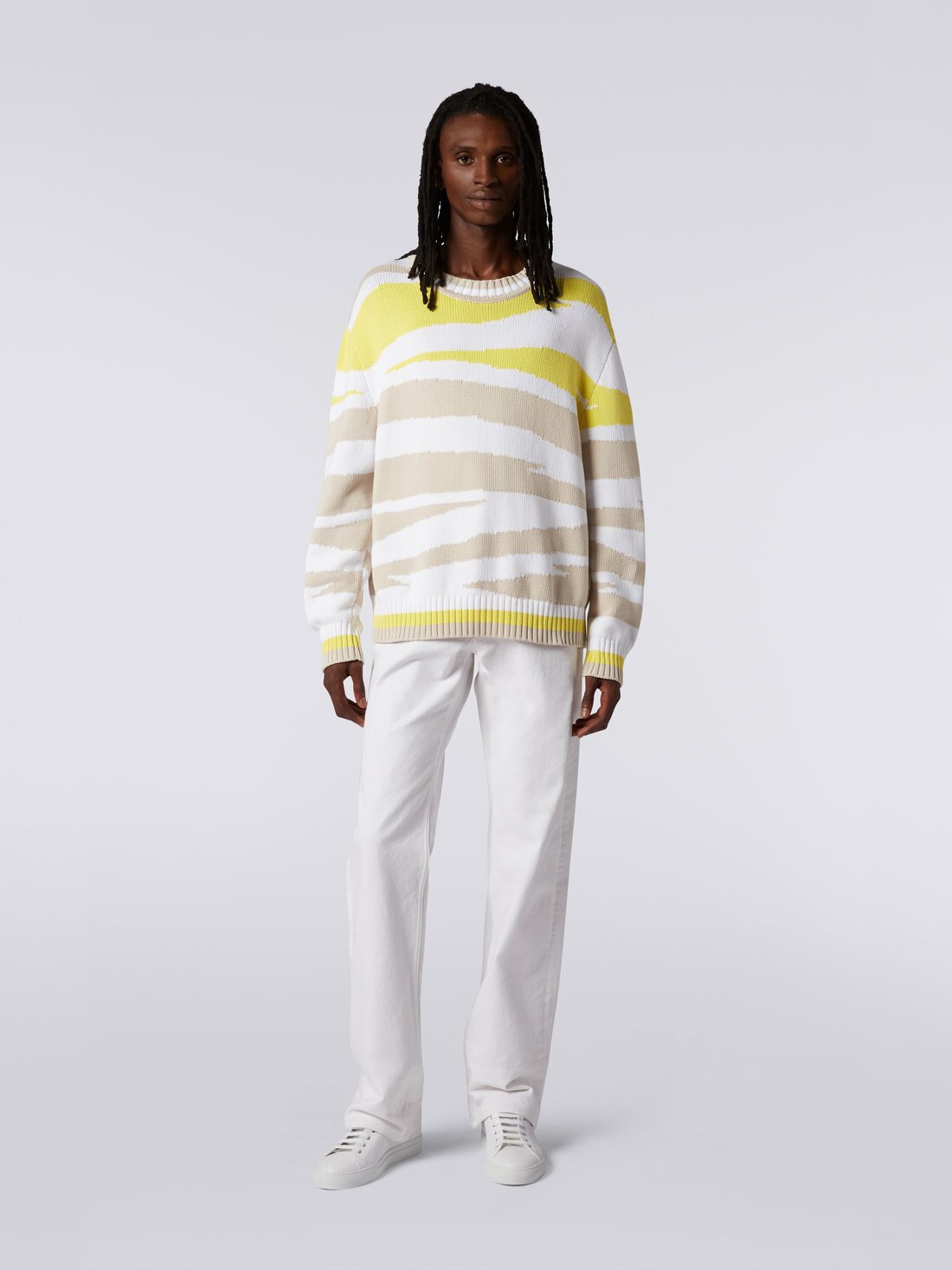 Crew-neck cotton blend jumper with inlay details, White, Beige & Yellow - US23SN03BK020RS016C - 1