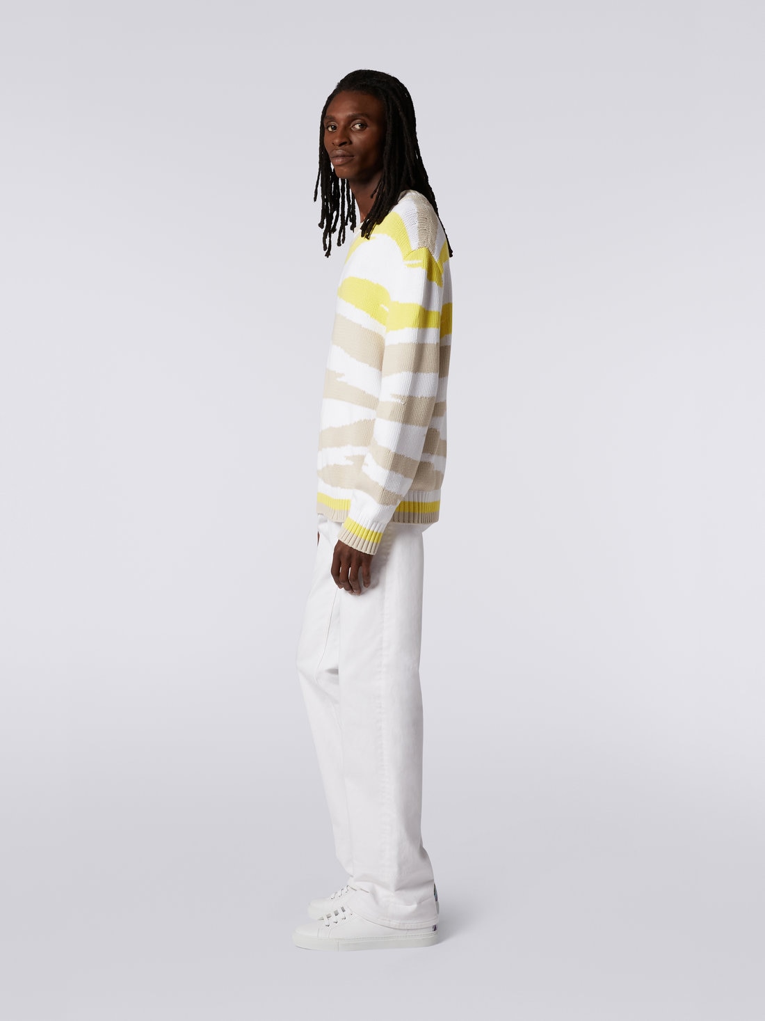 Crew-neck cotton blend jumper with inlay details, White, Beige & Yellow - 2