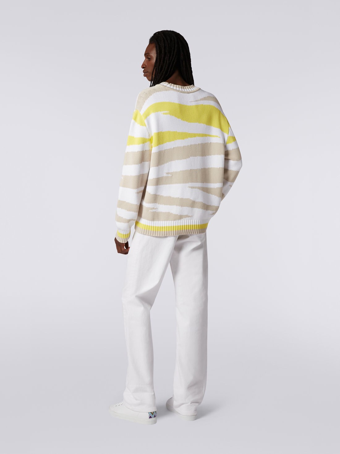 Crew-neck cotton blend jumper with inlay details, White, Beige & Yellow - 3