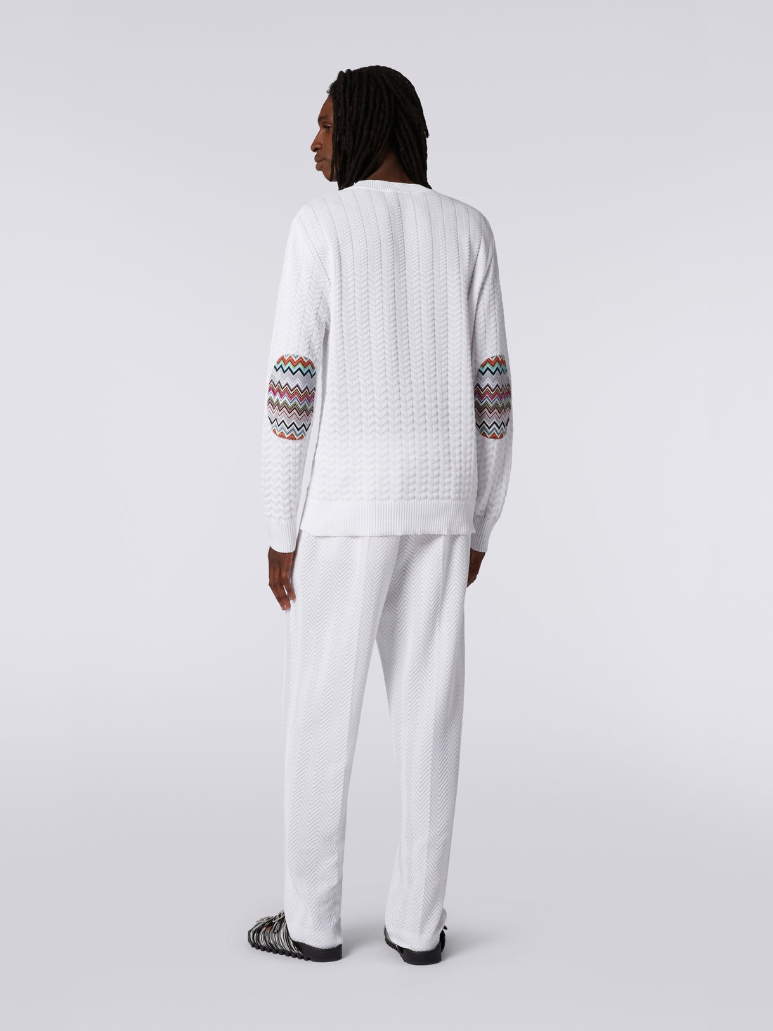 Cotton and viscose crew-neck jumper with chevron inserts, White  - US23SN07BK021TS0177 - 3