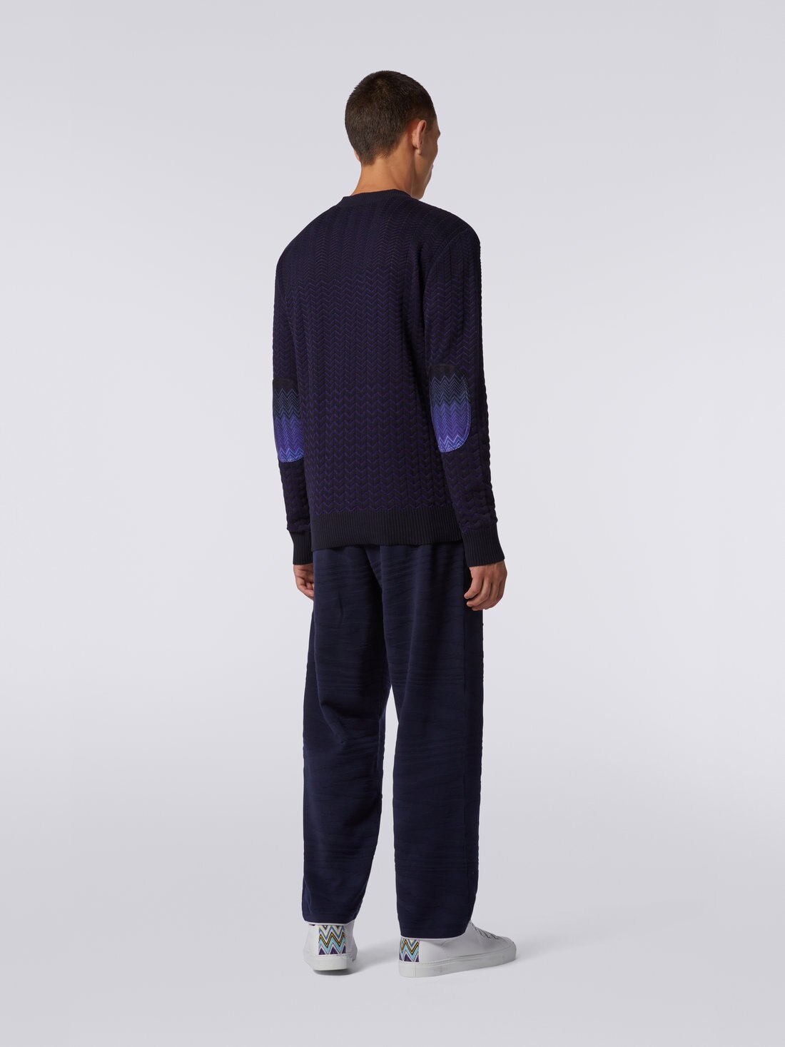 Cotton and viscose crew-neck jumper with chevron inserts Dark Blue