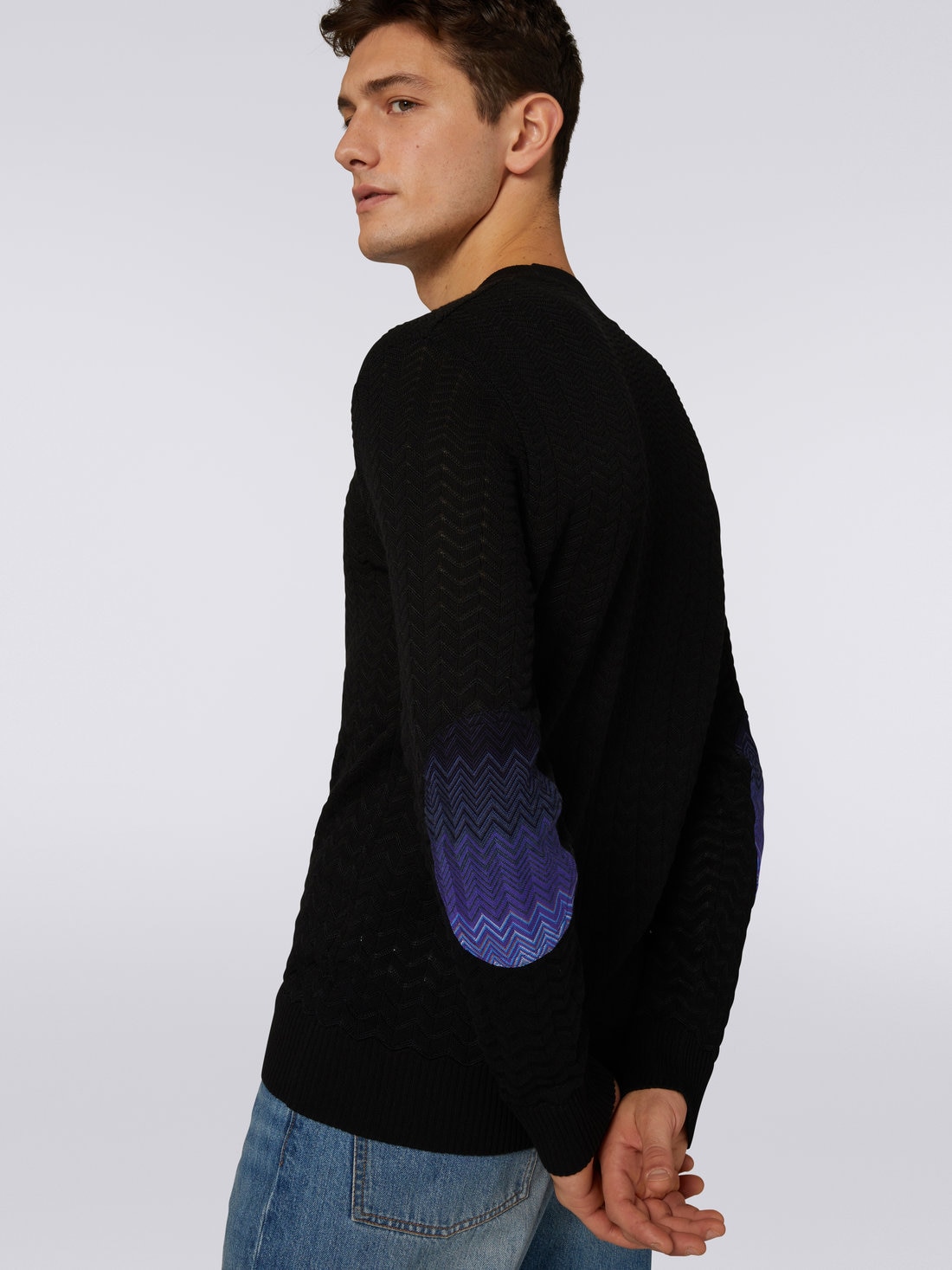 Cotton and viscose crew-neck jumper with chevron inserts Dark Blue