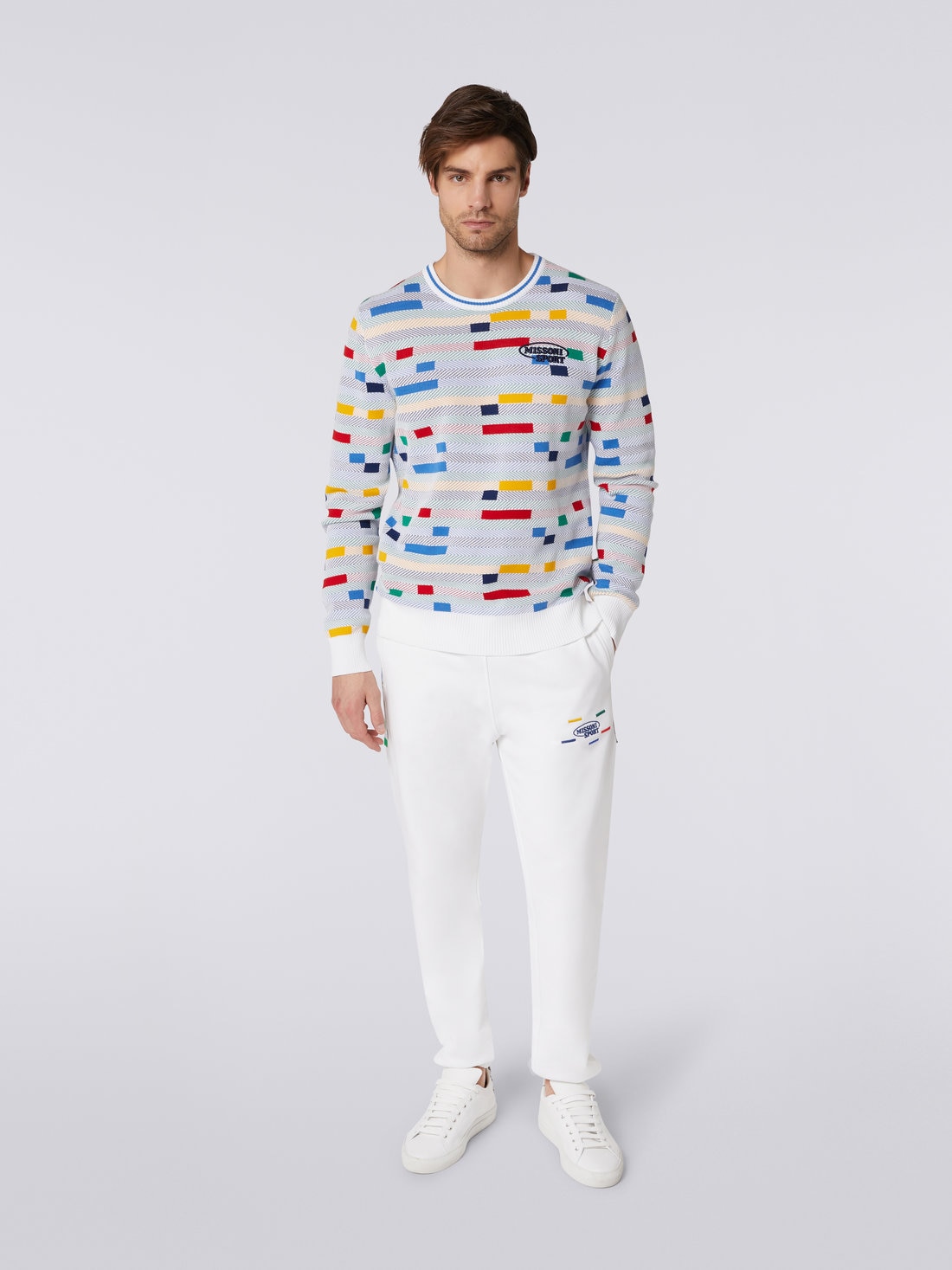 Cotton crew-neck jumper with embroidered logo, White & Multicoloured Heritage - US23SN0IBK023DS017M - 1
