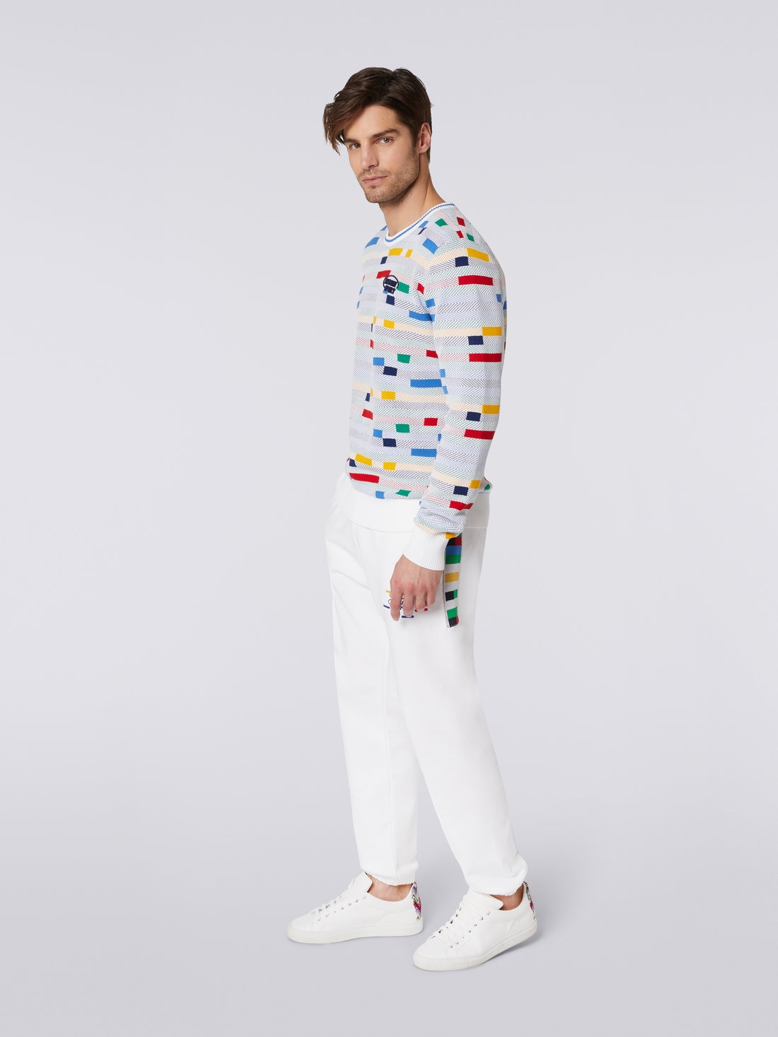 Cotton crew-neck jumper with embroidered logo, White & Multicoloured Heritage - US23SN0IBK023DS017M - 2