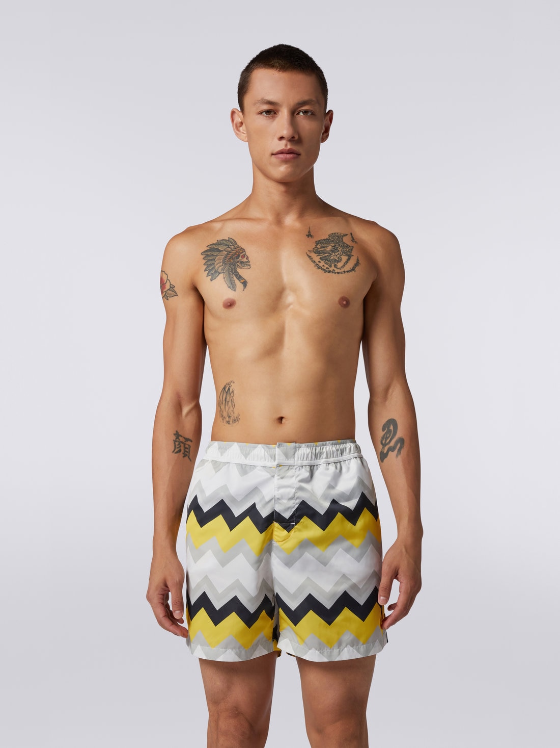 Nylon blend swimming trunks with large zigzag print, White, Yellow & Grey - US23SP04BW00MAS109P - 1