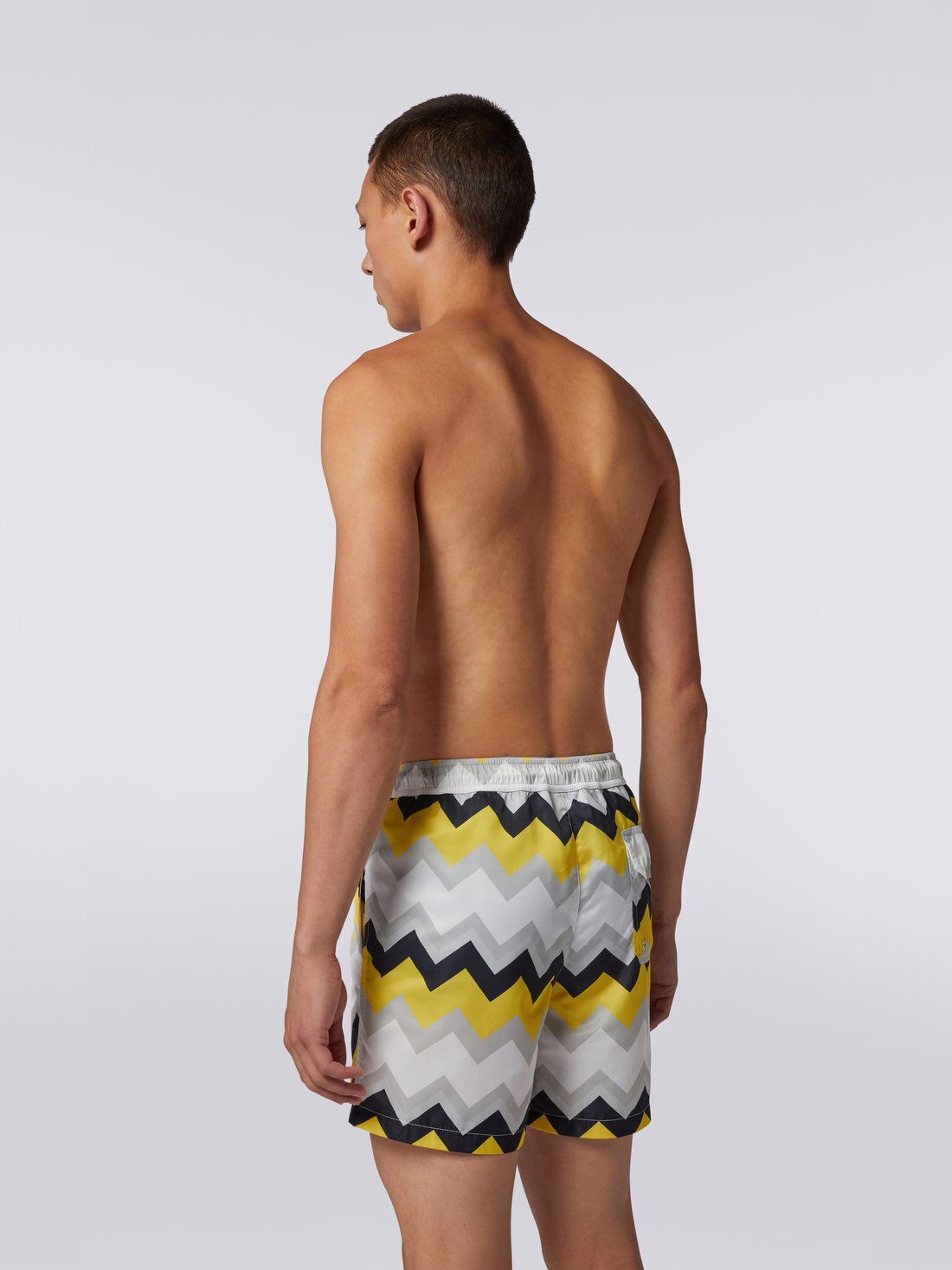 Nylon blend swimming trunks with large zigzag print, White, Yellow & Grey - US23SP04BW00MAS109P - 3