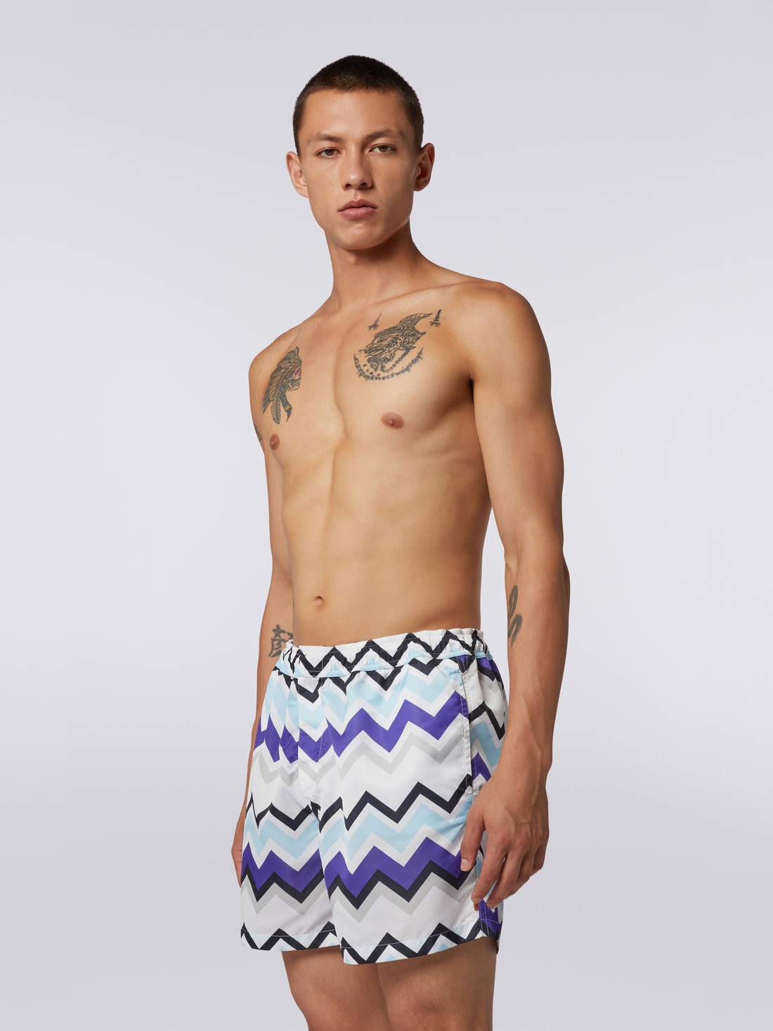 Nylon blend swimming trunks with large zigzag print, Blue, Grey & White - 2