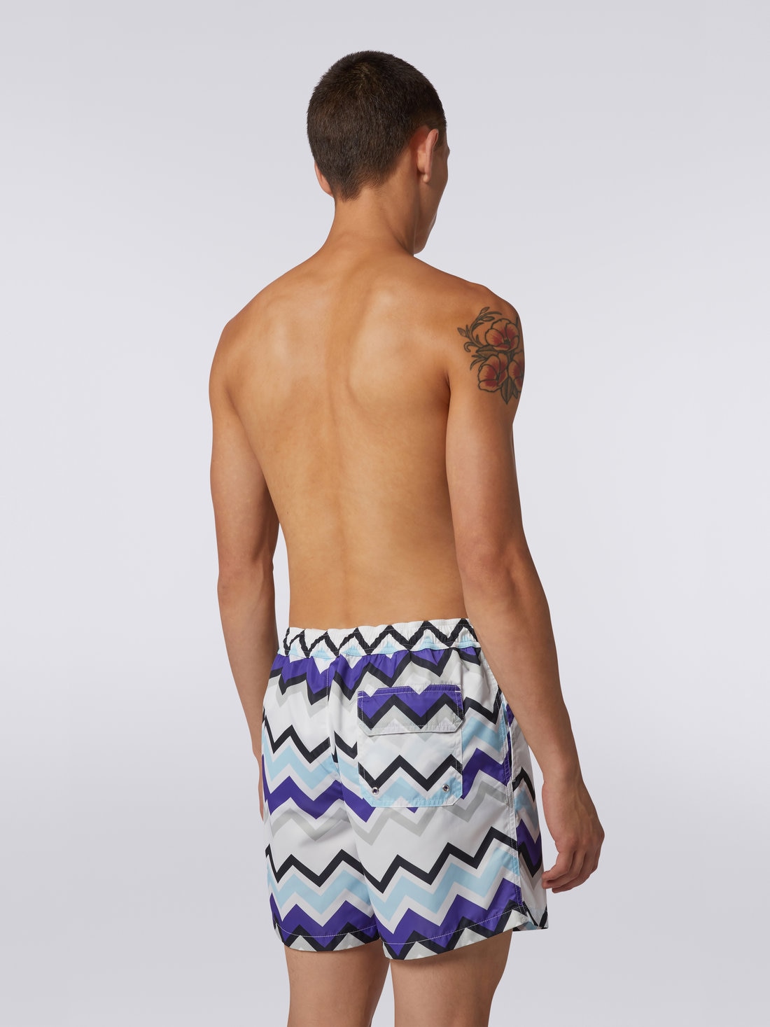 Nylon blend swimming trunks with large zigzag print, Blue, Grey & White - 3