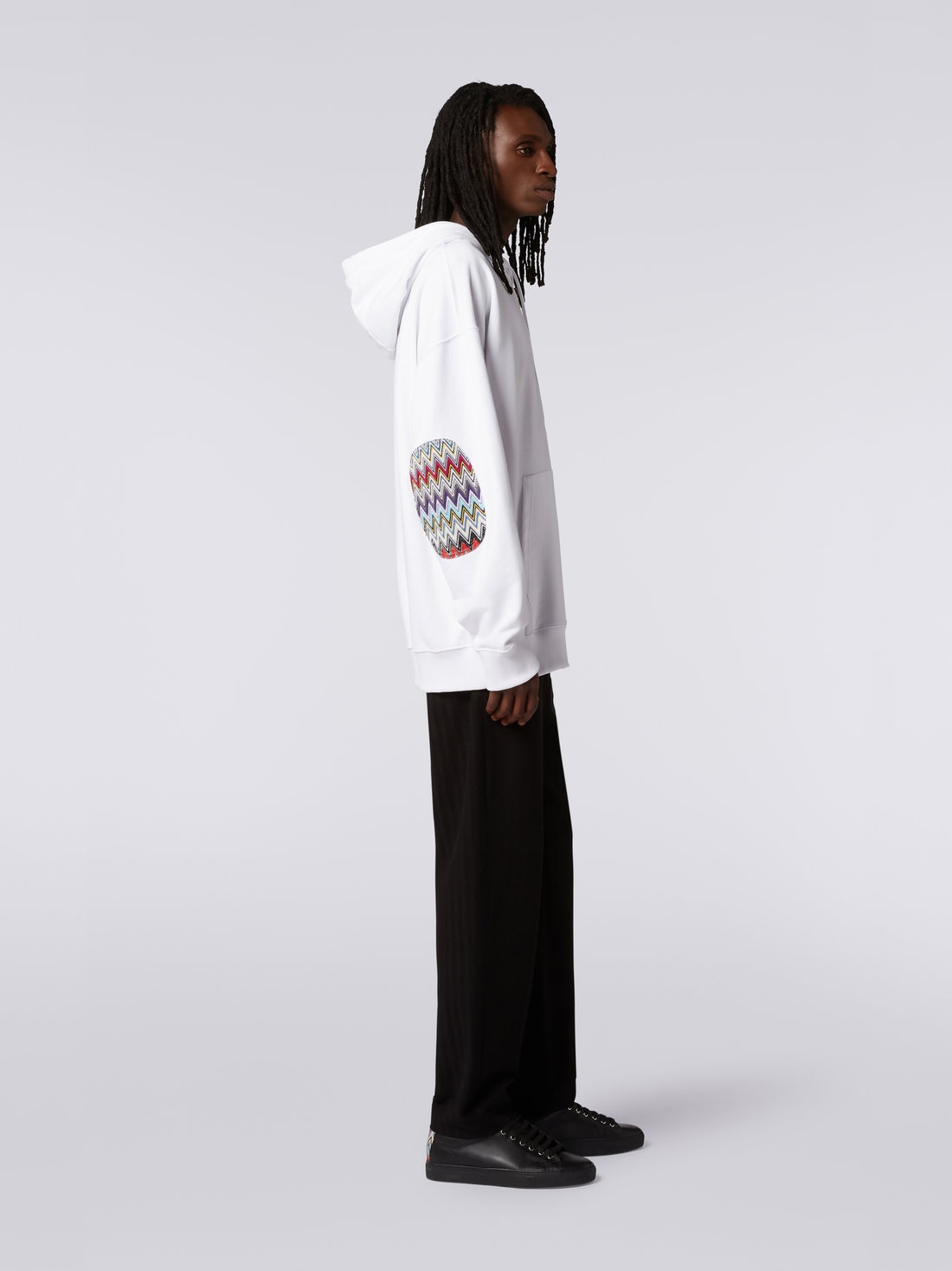 Sweat-shirt en coton avec capuche, fermeture éclair et empiècements en tricot multicolore, Blanc  - US23SW09BJ00E9S016Q - 2