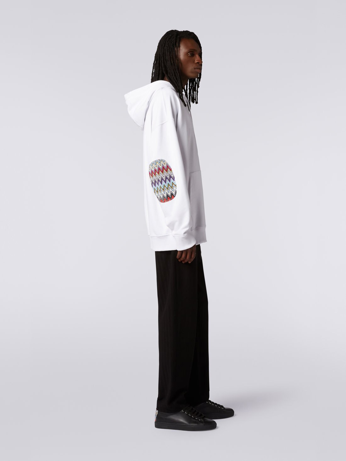 Sweat-shirt en coton avec capuche, fermeture éclair et empiècements en tricot multicolore, Blanc  - 8051575707766 - 2