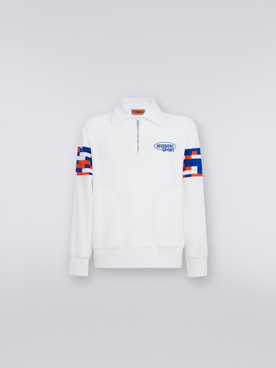 Cotton blend terry sweatshirt with embroidered logo and zip collar, Multicoloured - US23SW0EBJ00EMS017D - 0