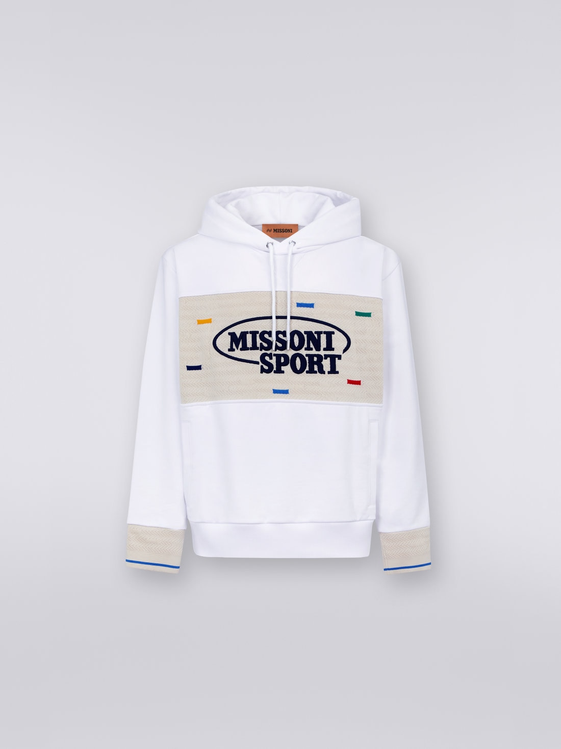 Cotton hoodie with knitted inserts and Legacy logo, White & Multicoloured Heritage - US23SW0FBJ00EPS017O - 0
