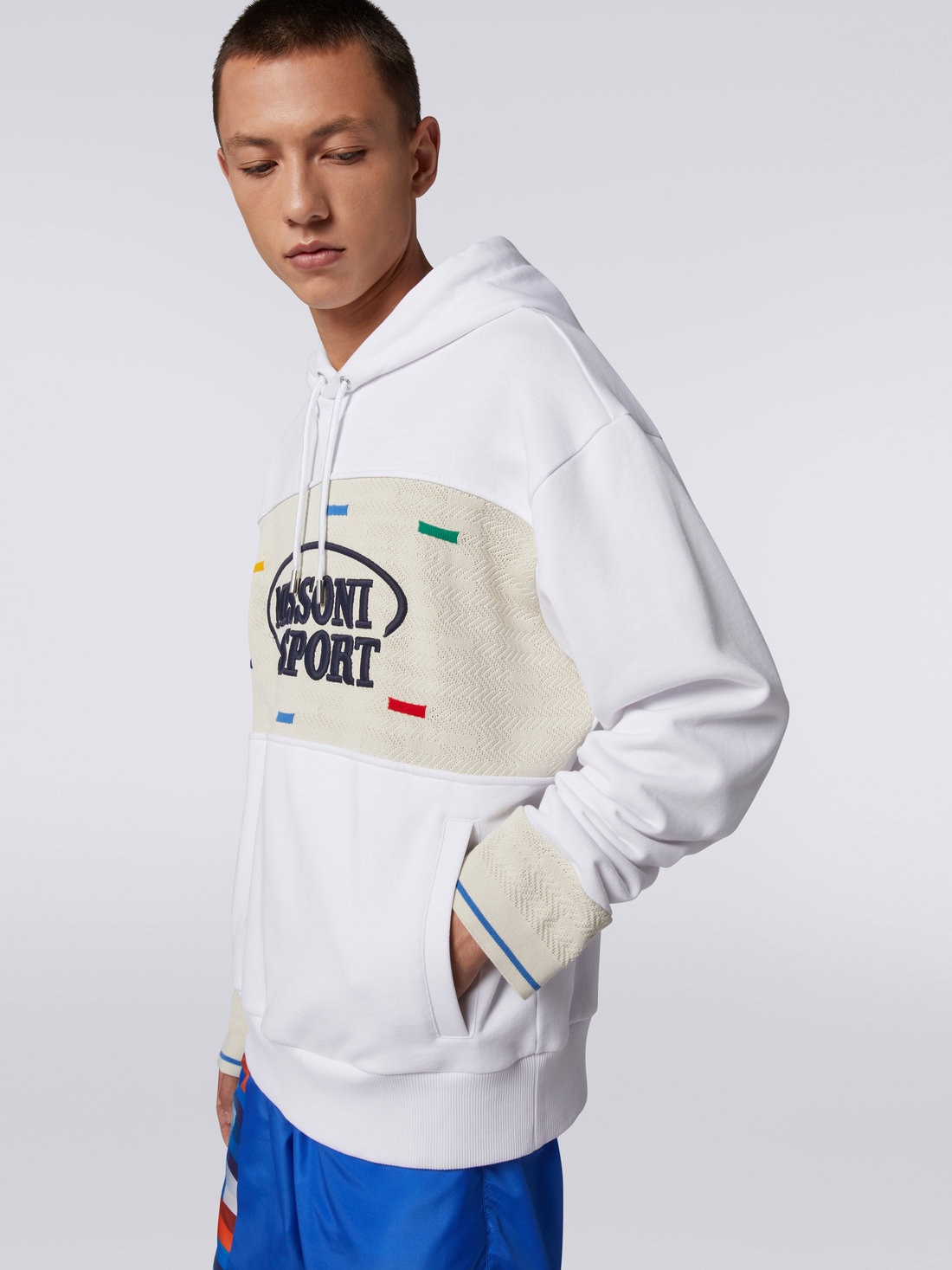 Cotton hoodie with knitted inserts and Legacy logo, White & Multicoloured Heritage - US23SW0FBJ00EPS017O - 4