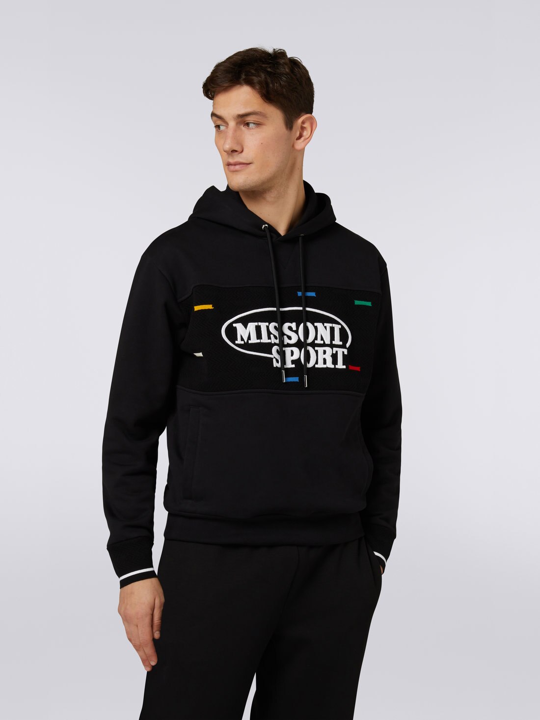 Cotton hoodie with knitted inserts and Legacy logo, Black & Multicoloured - US23SW0FBJ00EPS91EI - 1