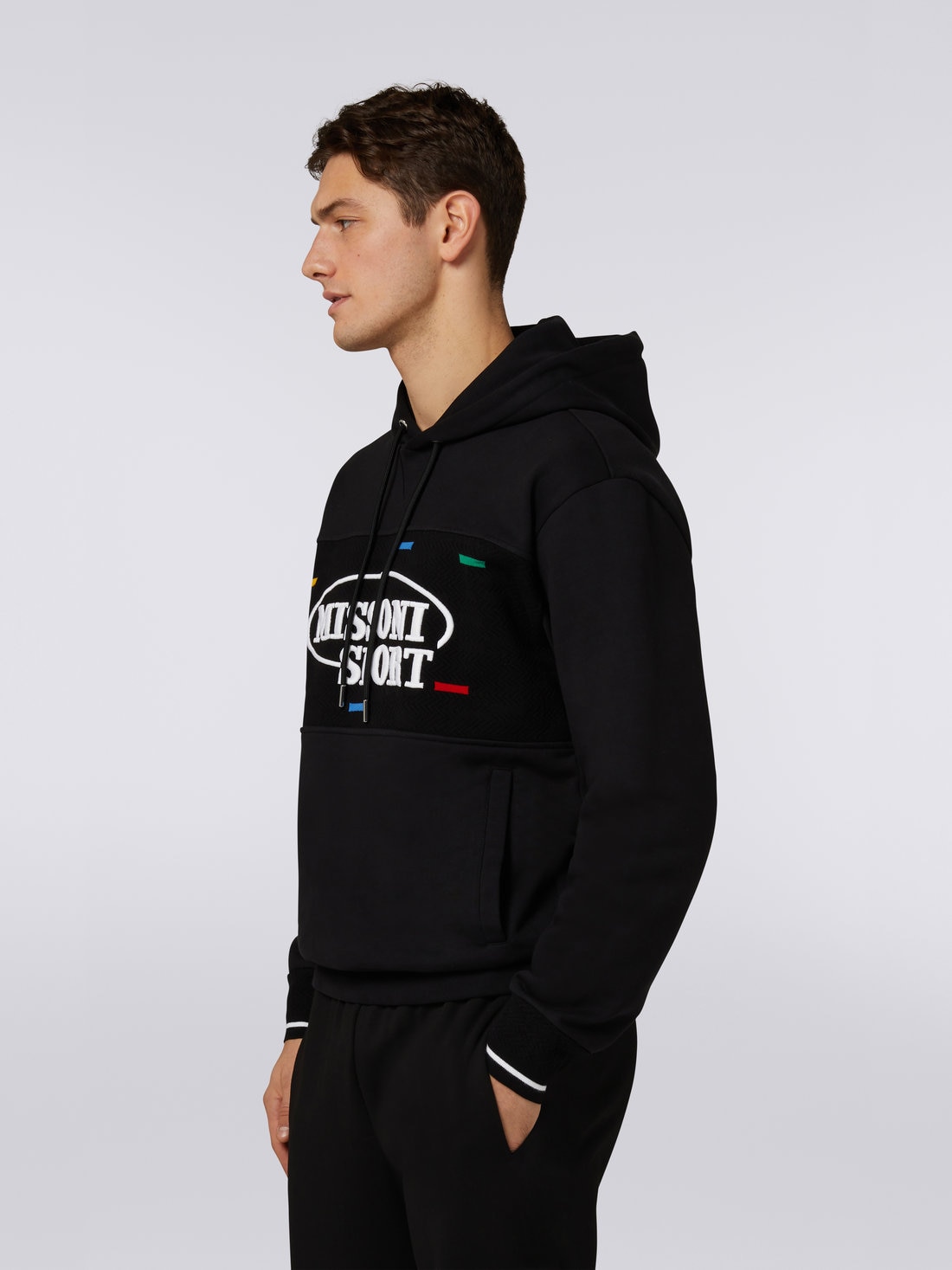 Cotton hoodie with knitted inserts and Legacy logo, Black & Multicoloured - US23SW0FBJ00EPS91EI - 2