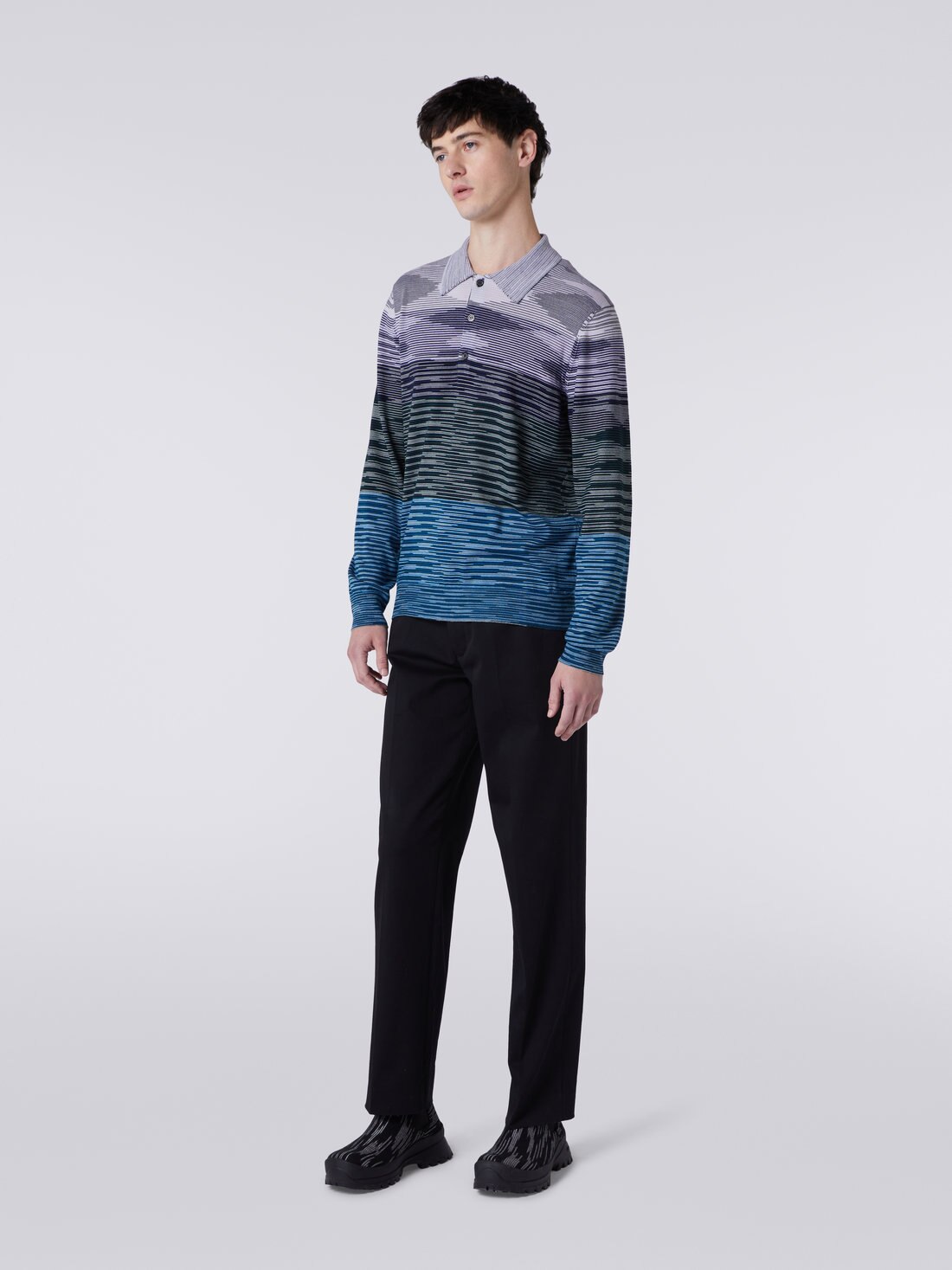 Long-sleeved polo shirt in slub wool, Multicoloured  - US23W202BK015USM8YV - 2