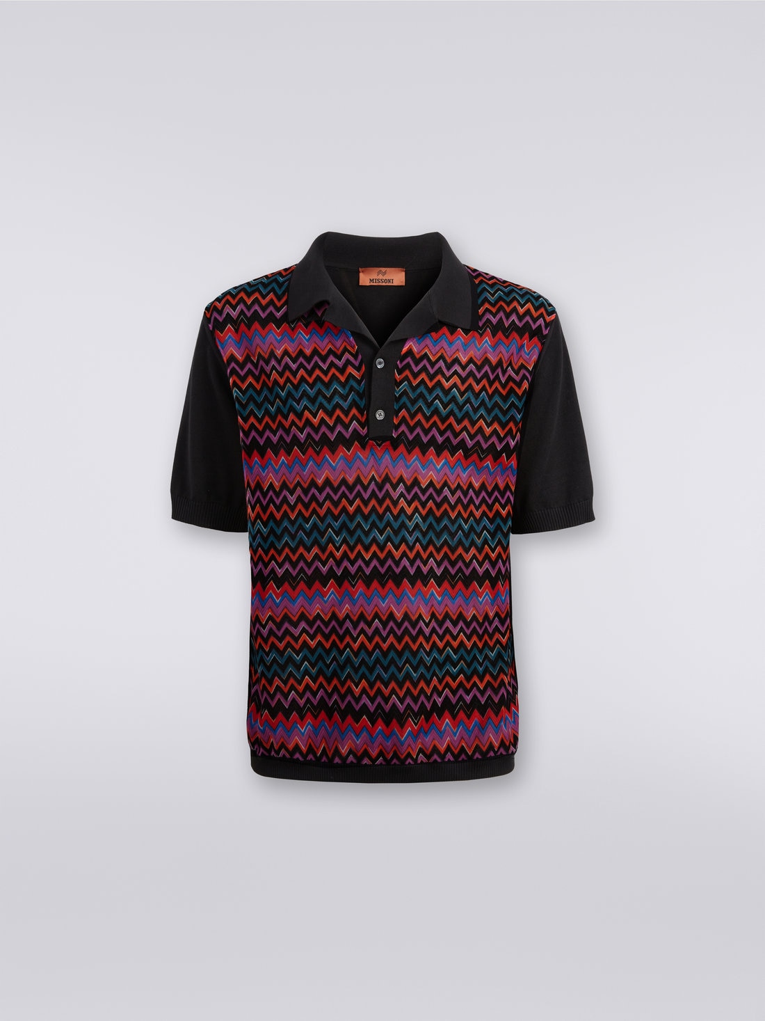 Kurzärmeliges Poloshirt aus Baumwolle, Viskose und Seide mit Chevronmuster, Schwarz    - US23W203BK026MSM8WN - 0