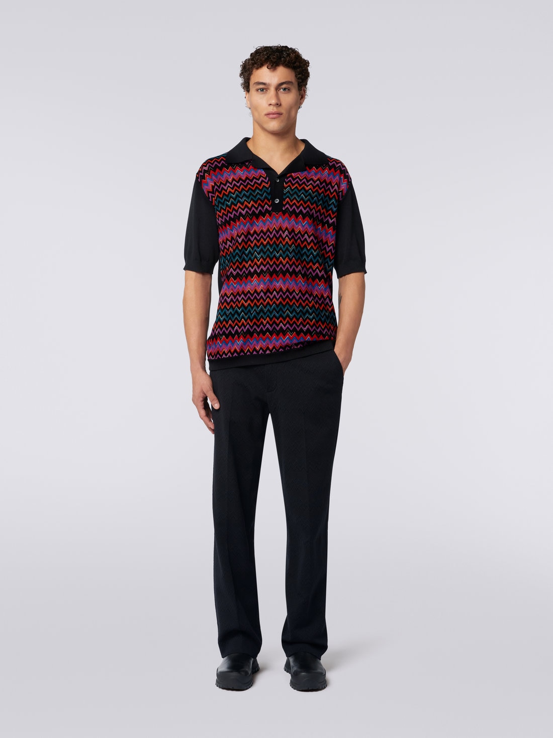 Short-sleeved polo shirt in cotton, viscose and silk chevron, Black    - US23W203BK026MSM8WN - 1