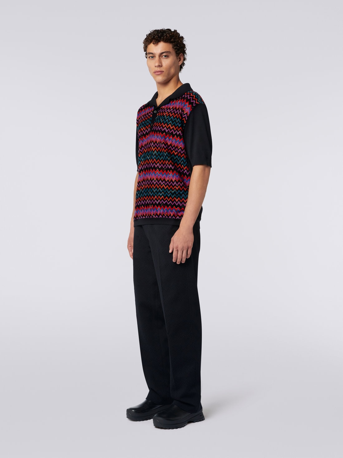 Short-sleeved polo shirt in cotton, viscose and silk chevron, Black    - US23W203BK026MSM8WN - 2