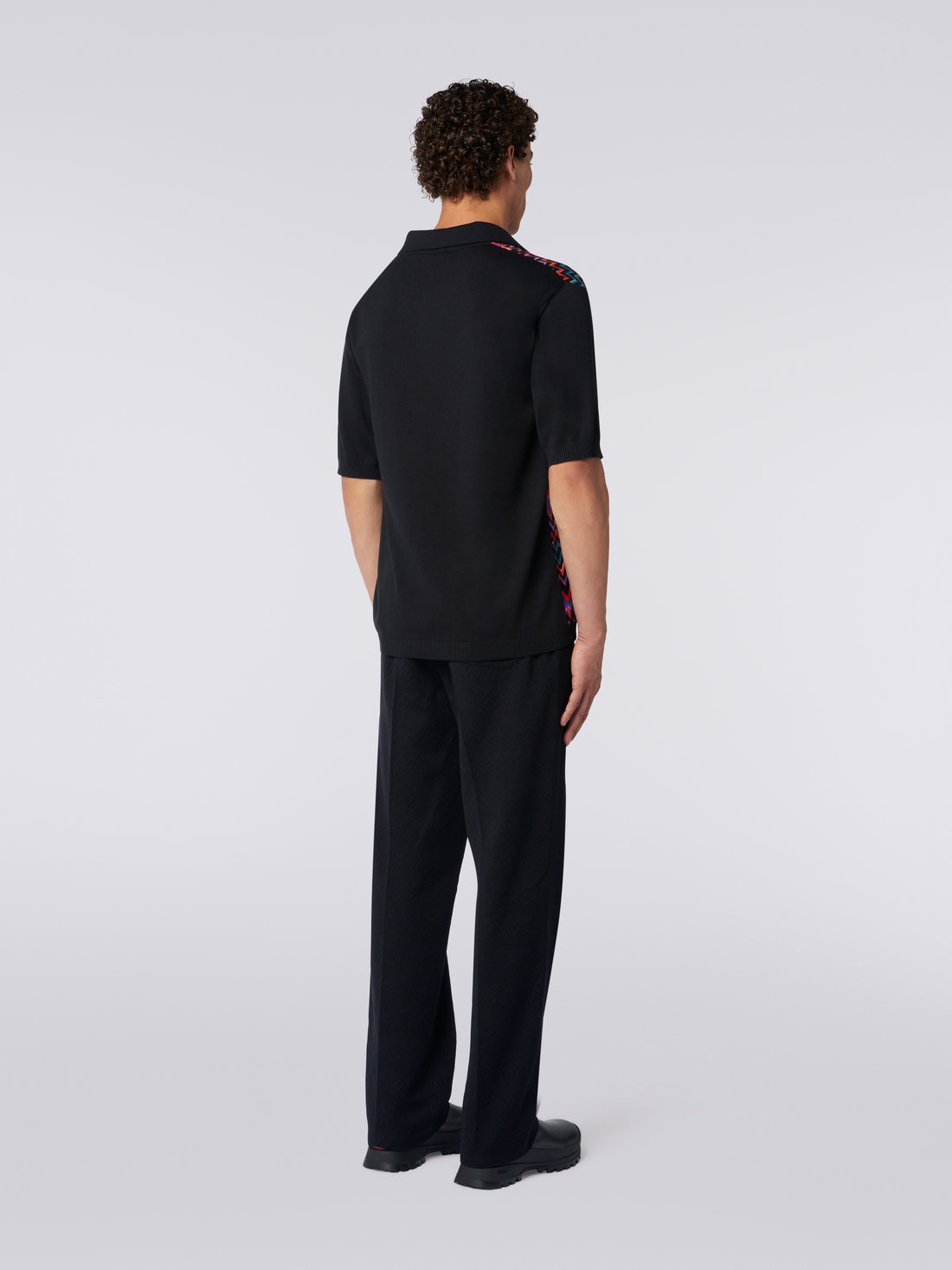 Short-sleeved polo shirt in cotton, viscose and silk chevron, Black    - US23W203BK026MSM8WN - 3