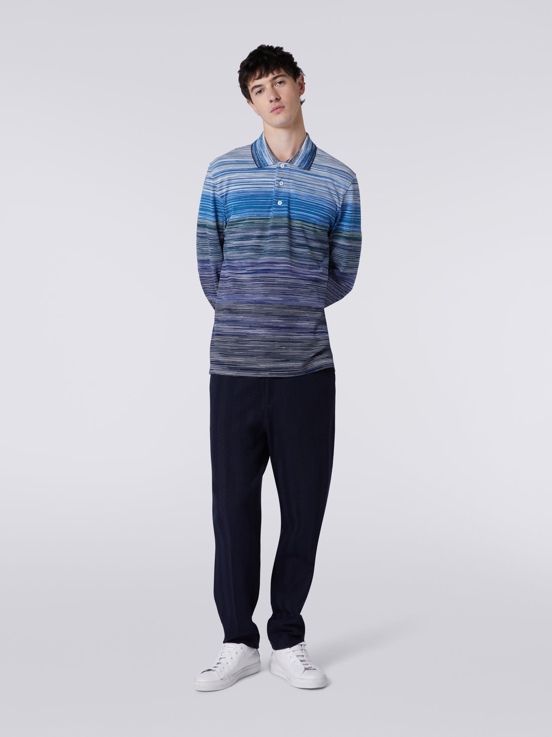 Long-sleeved polo shirt in slub cotton piqué, Multicoloured  - US23W206BJ0014SM8YZ - 1