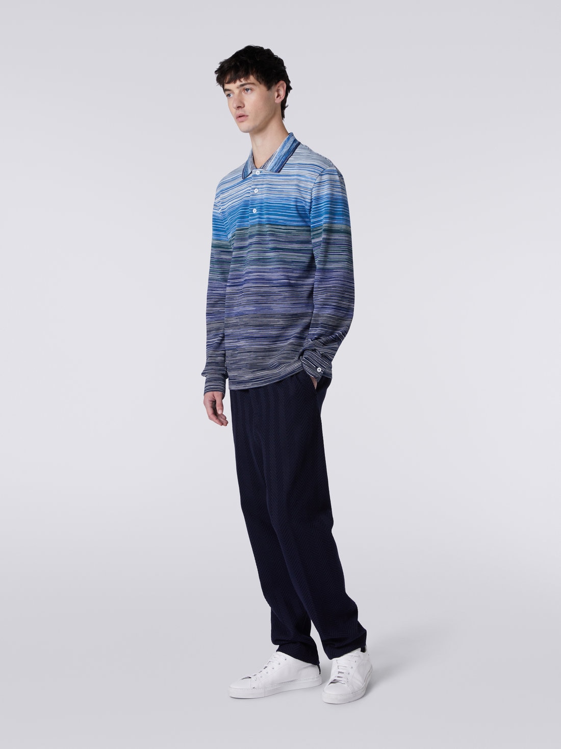Long-sleeved polo shirt in slub cotton piqué, Multicoloured  - US23W206BJ0014SM8YZ - 2