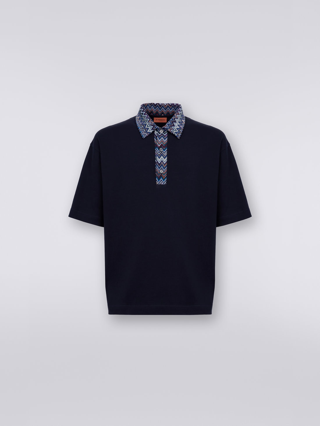 Short-sleeved cotton jersey polo shirt with zigzag inserts , Blue - US23W208BJ00GSS72BE - 0