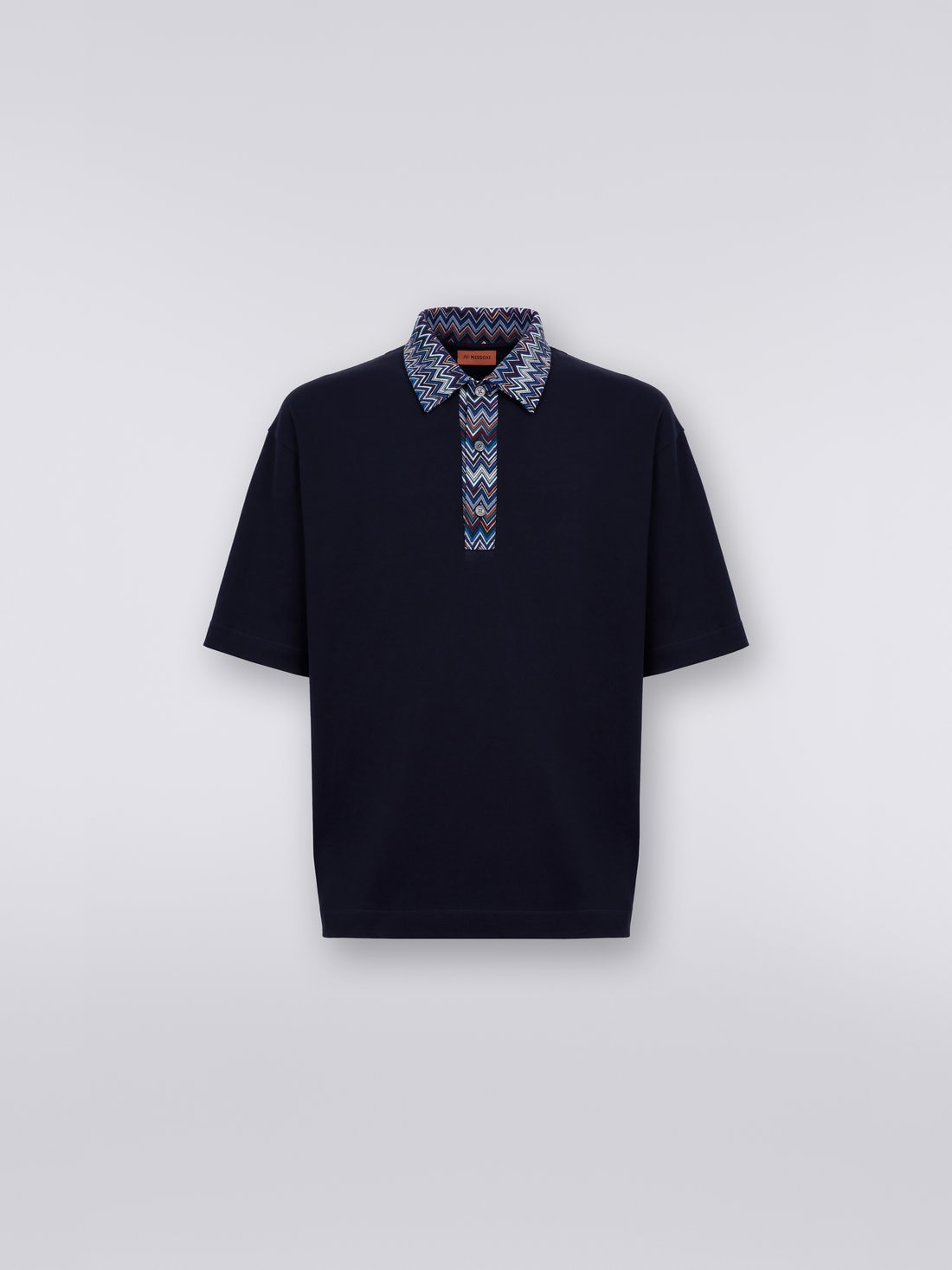 Short-sleeved cotton jersey polo shirt with zigzag inserts, Blue - US23W208BJ00GSS72BE - 0