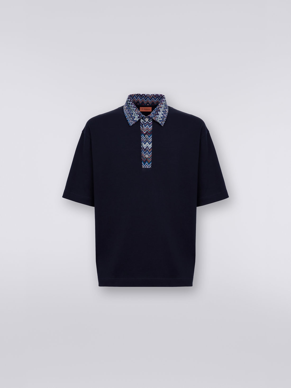 Kurzärmeliges Poloshirt aus Baumwolljersey mit Einsätzen im Zickzackmuster , Blau - US23W208BJ00GSS72BE - 0