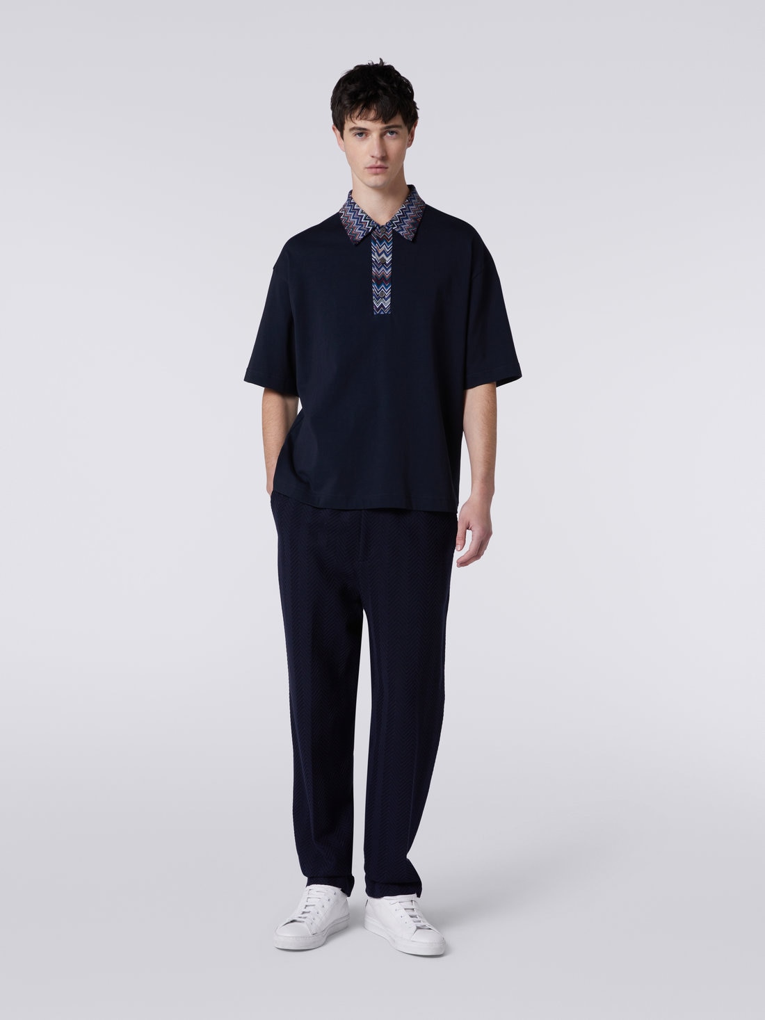 Polo de manga corta en tejido jersey de algodón con inserciones en zigzag , Azul Oscuro - US23W208BJ00GSS72BE - 1