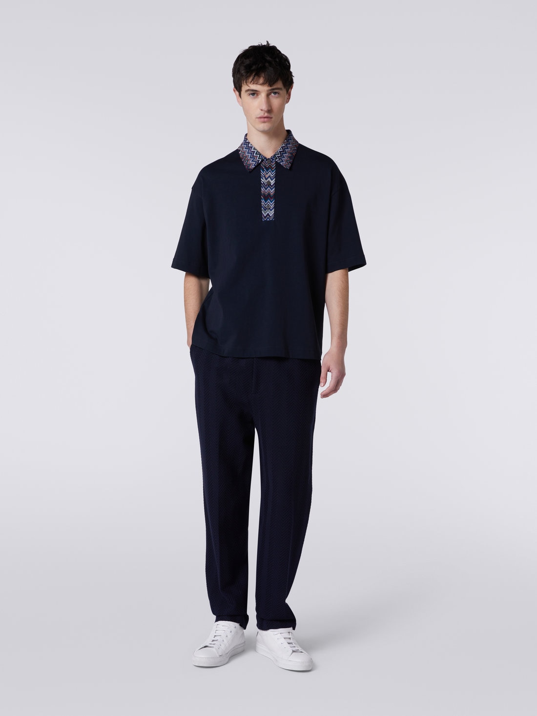 Short-sleeved cotton jersey polo shirt with zigzag inserts, Blue - US23W208BJ00GSS72BE - 1