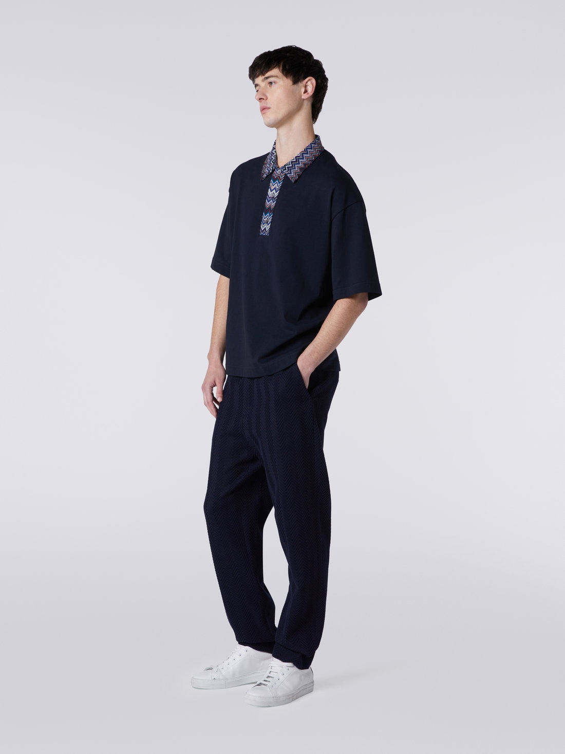 Short-sleeved cotton jersey polo shirt with zigzag inserts, Blue - US23W208BJ00GSS72BE - 2