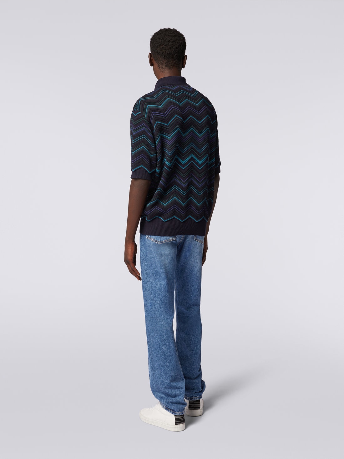 Cotton blend chevron short-sleeved polo shirt, Multicoloured  - 3