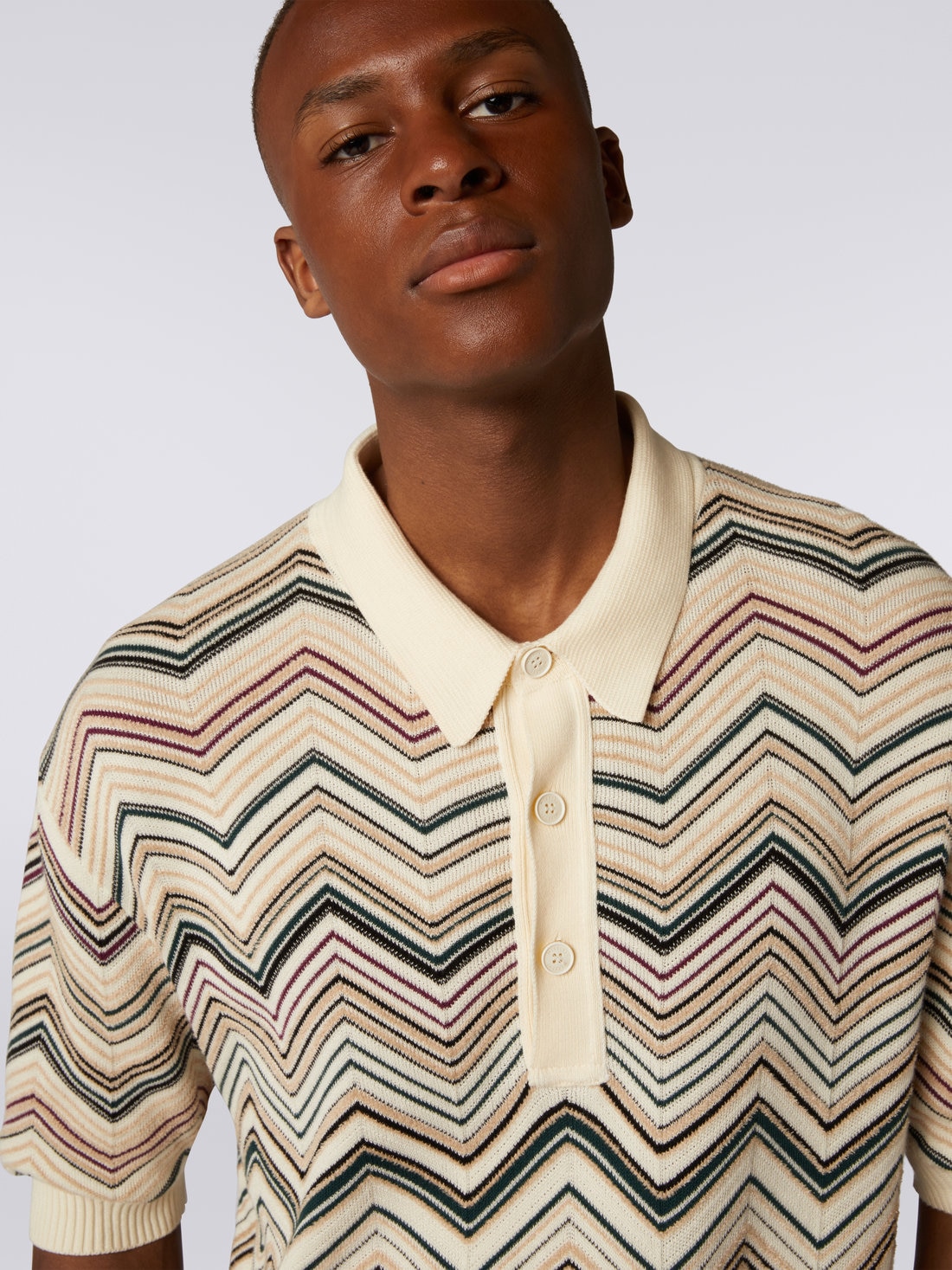 Cotton blend chevron short-sleeved polo shirt, Multicoloured  - 4