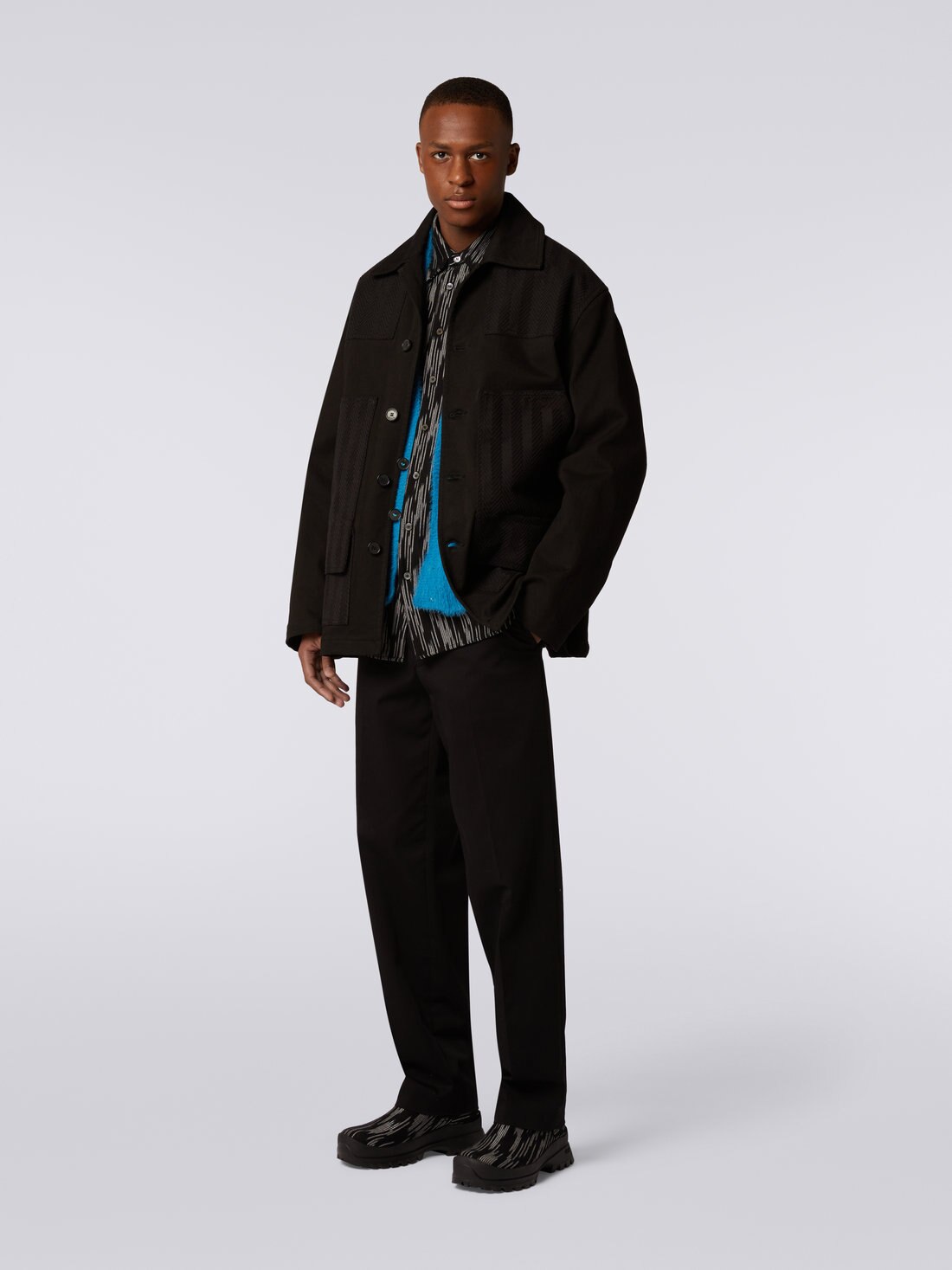 Cotton overshirt with chevron inserts, Black    - 8051575921865 - 2