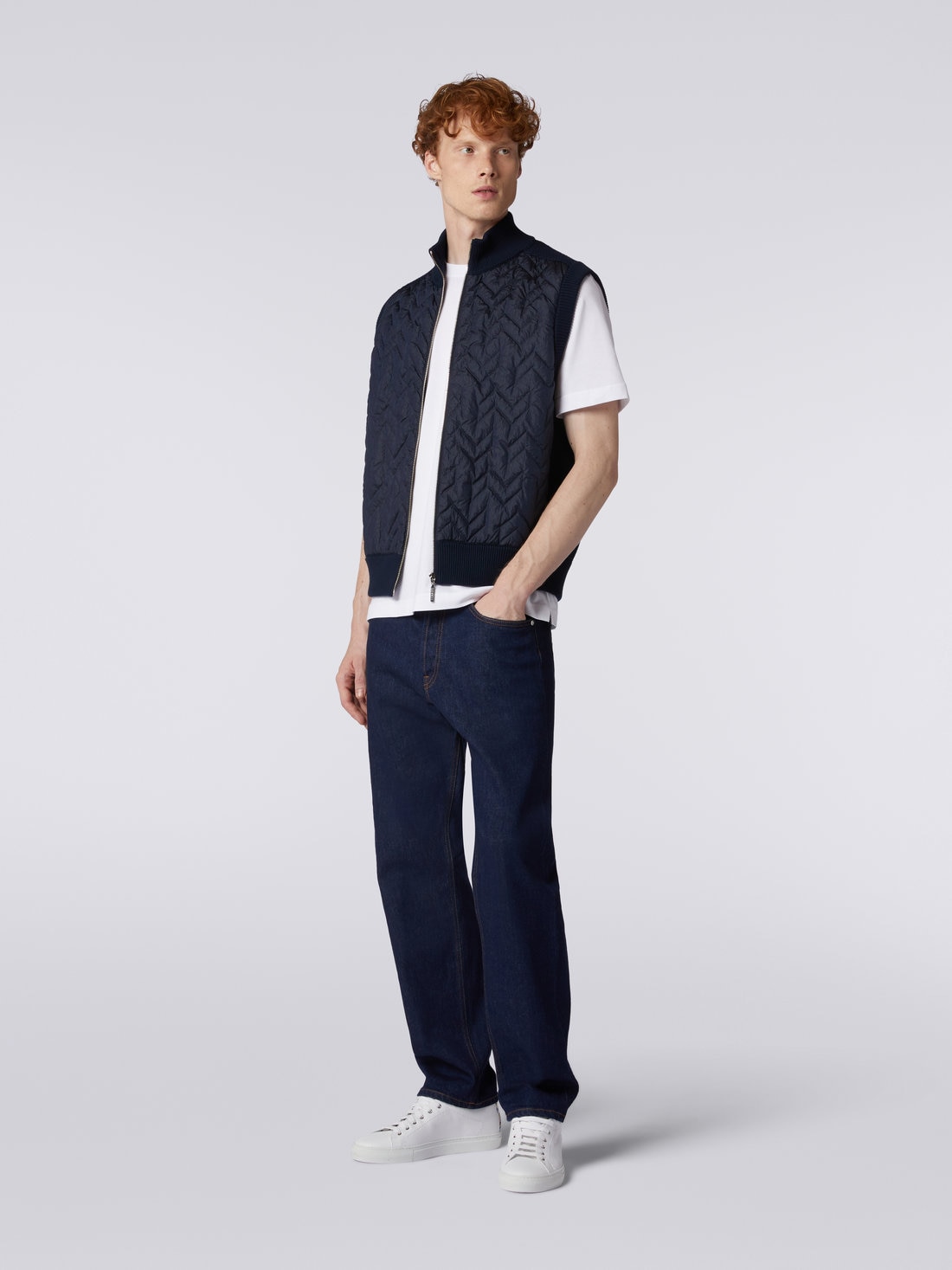Zigzag stitched waistcoat with knitted back and piping, Navy Blue  - US23WC0YBK029XS72CT - 2