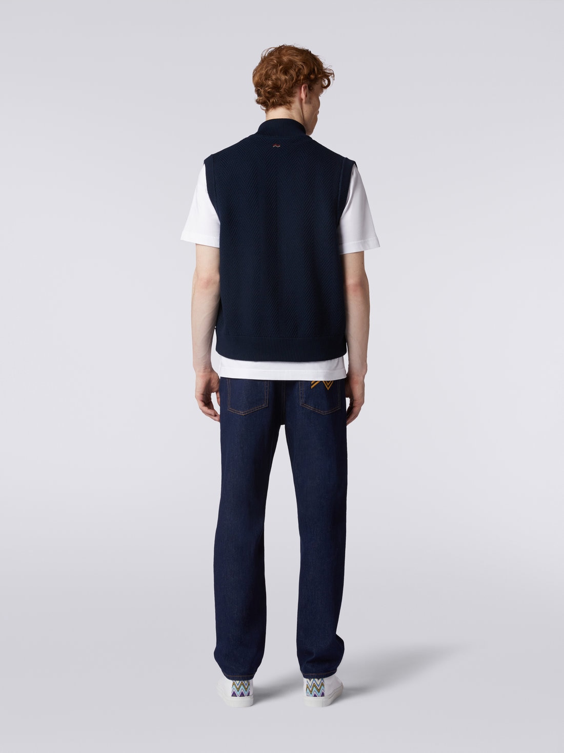 Zigzag stitched waistcoat with knitted back and piping, Navy Blue  - 3