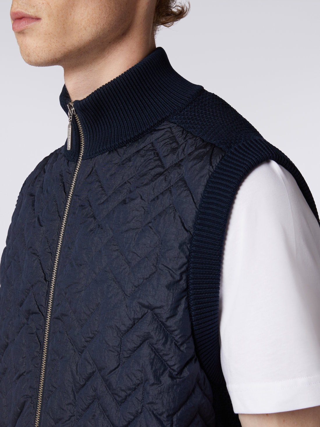 Gilet à surpiqûres en zig zag avec dos et bordures tricotées, Bleu Marine  - US23WC0YBK029XS72CT - 4