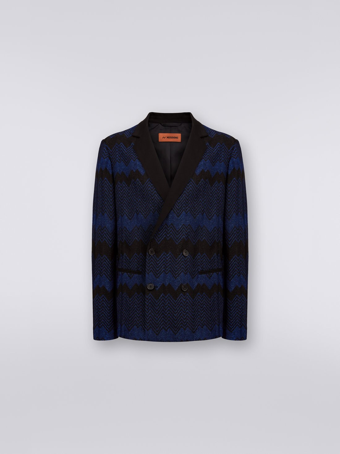 Double-breasted viscose chevron jacket with lurex, Blue - 8051575928727 - 0