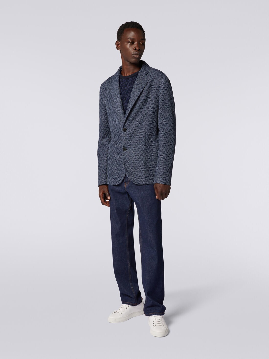 Blazer à simple boutonnage en coton à zig zag , Bleu - US23WF07BT0067S72FG - 1