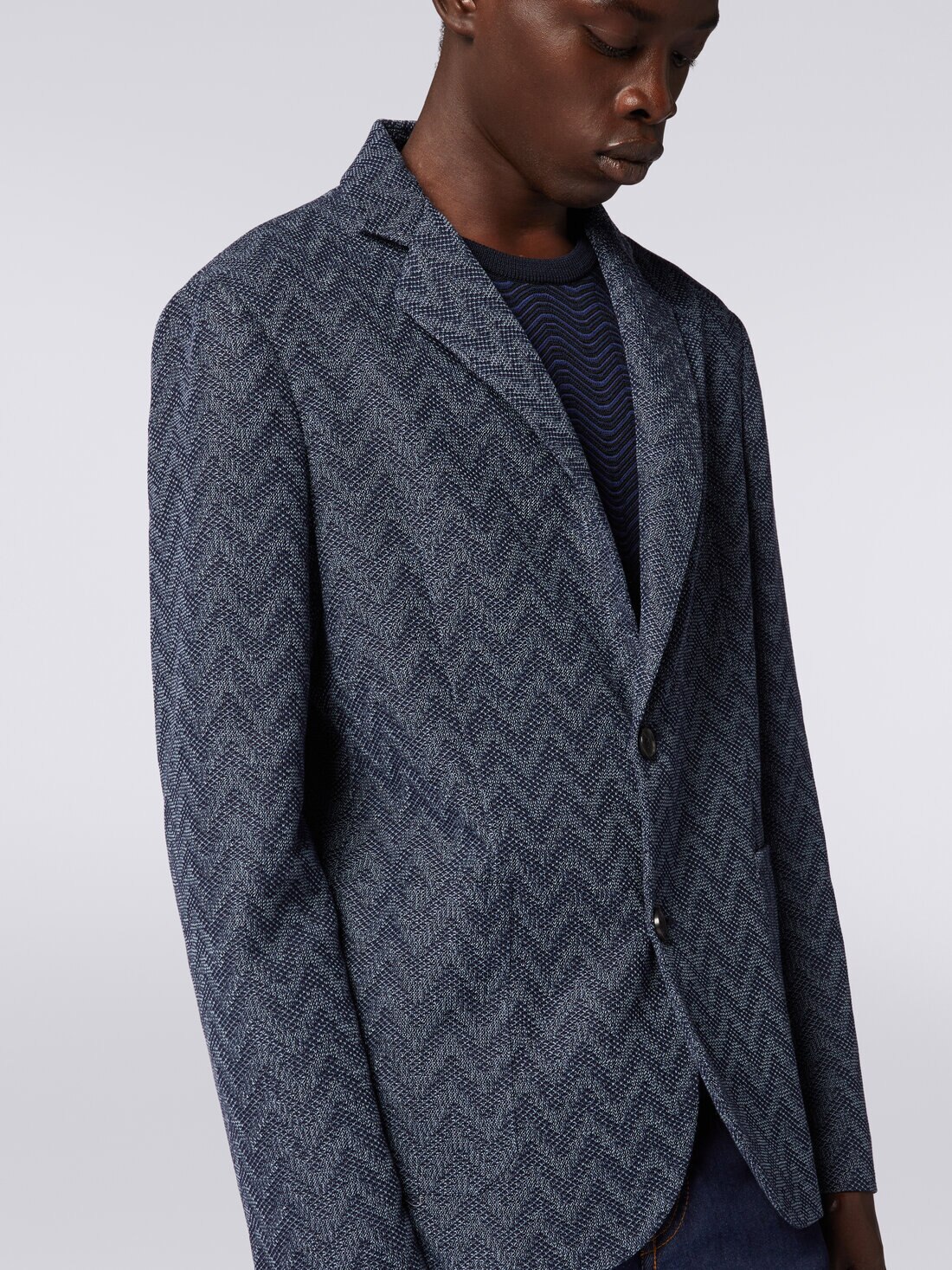 Blazer à simple boutonnage en coton à zig zag , Bleu - US23WF07BT0067S72FG - 4