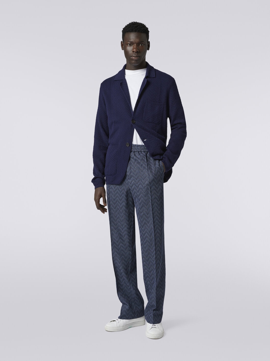 Straight cotton knit chevron trousers, Blue - US23WI0NBT0067S72FG - 1
