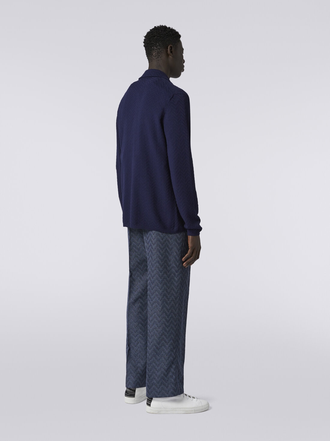 Straight cotton knit chevron trousers, Blue - US23WI0NBT0067S72FG - 3
