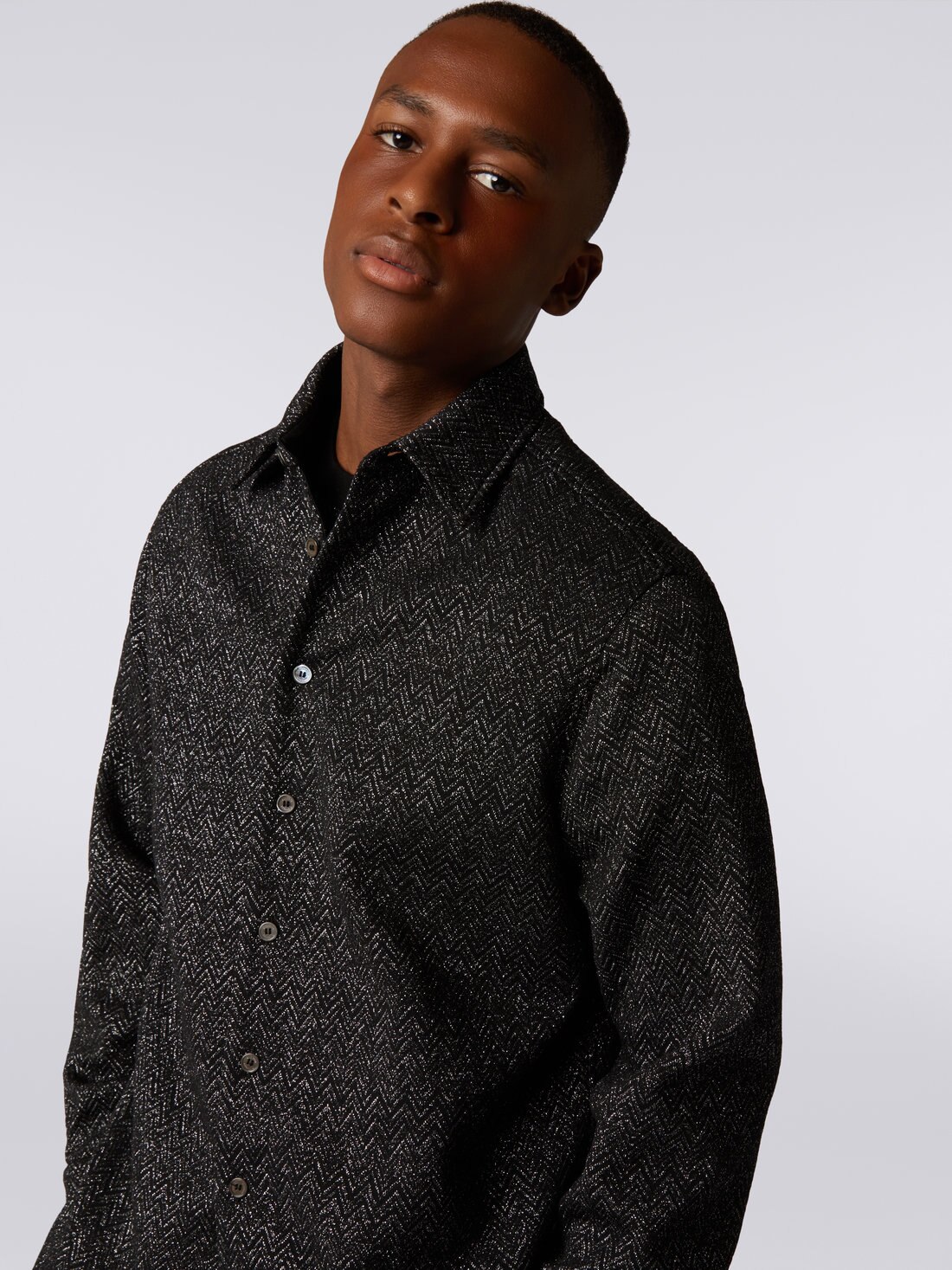 Wool blend shirt with lurex chevron, Black    - US23WJ04BT0062S91GK - 4