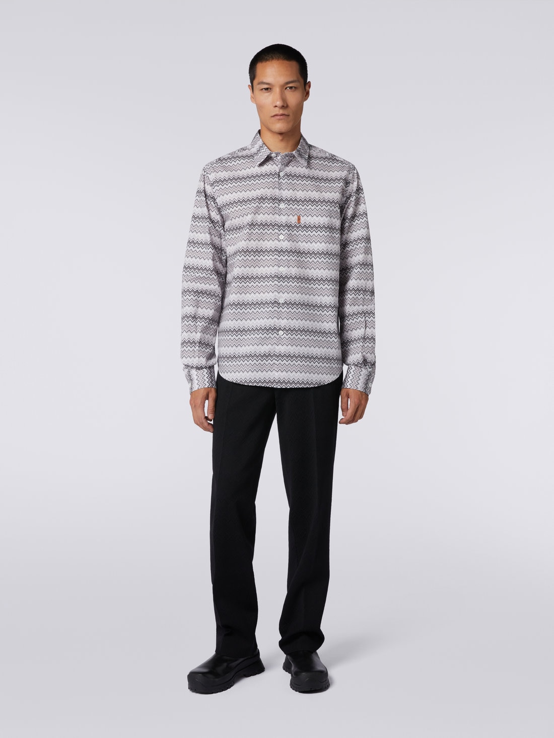 Zigzag cotton poplin shirt, Grey - US23WJ04BW00OJS91GG - 1