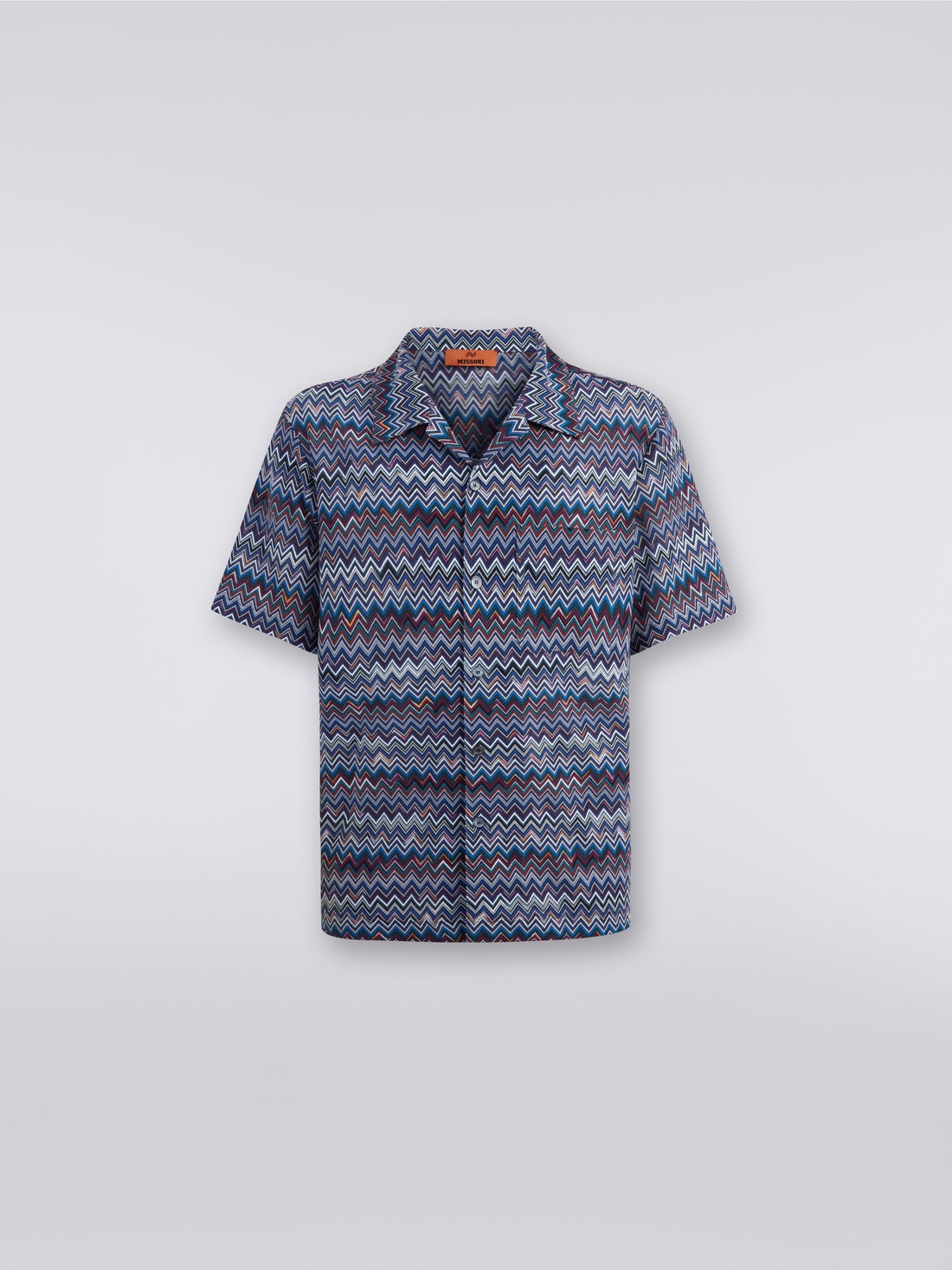 Short-sleeved bowling shirt in zigzag cotton and viscose, Navy Blue  - US23WJ08BR00OUSM8Y1 - 0