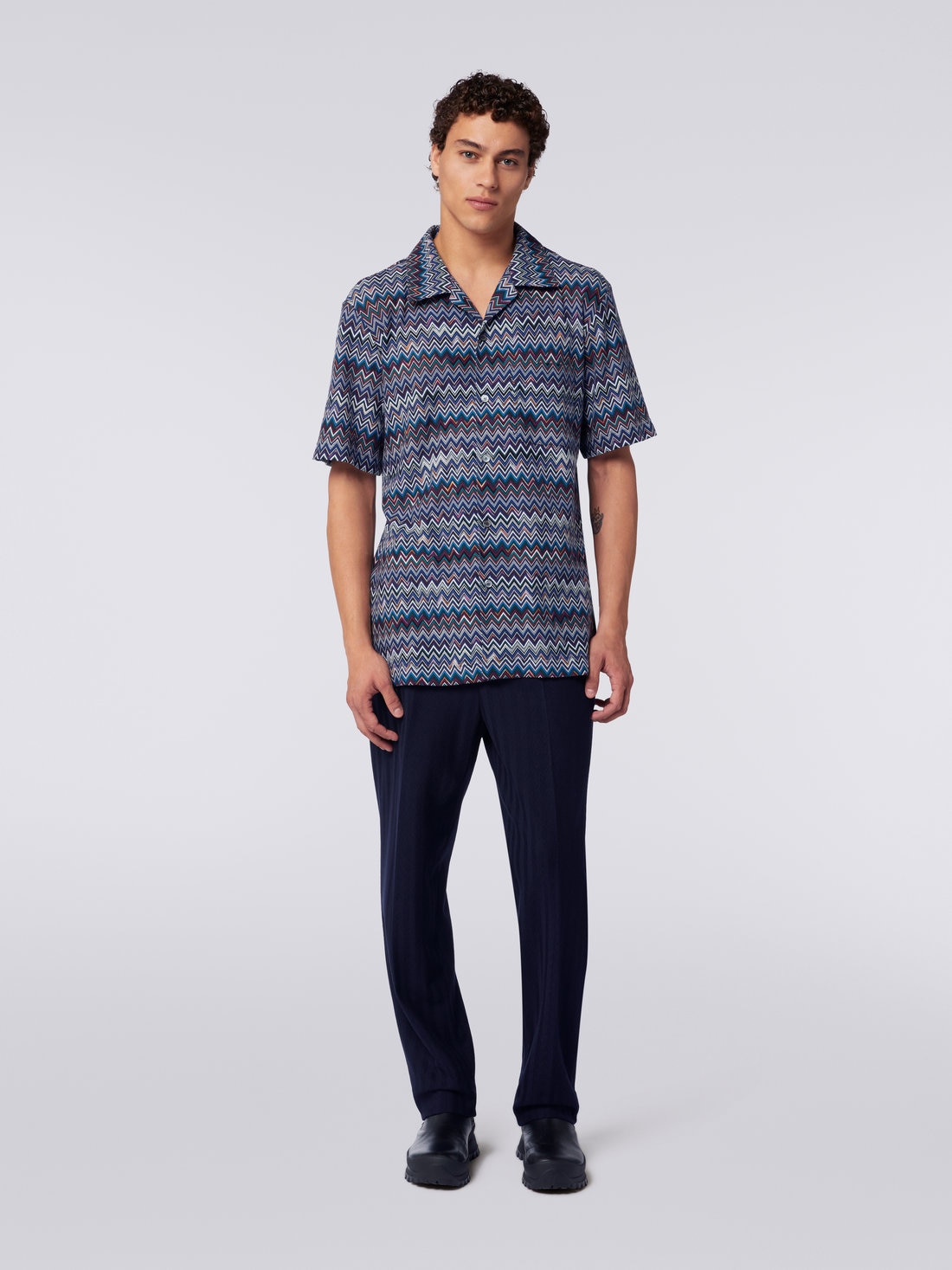 Camicia modello bowling a maniche corte in cotone e viscosa zig zag, Blu Navy  - US23WJ08BR00OUSM8Y1 - 1